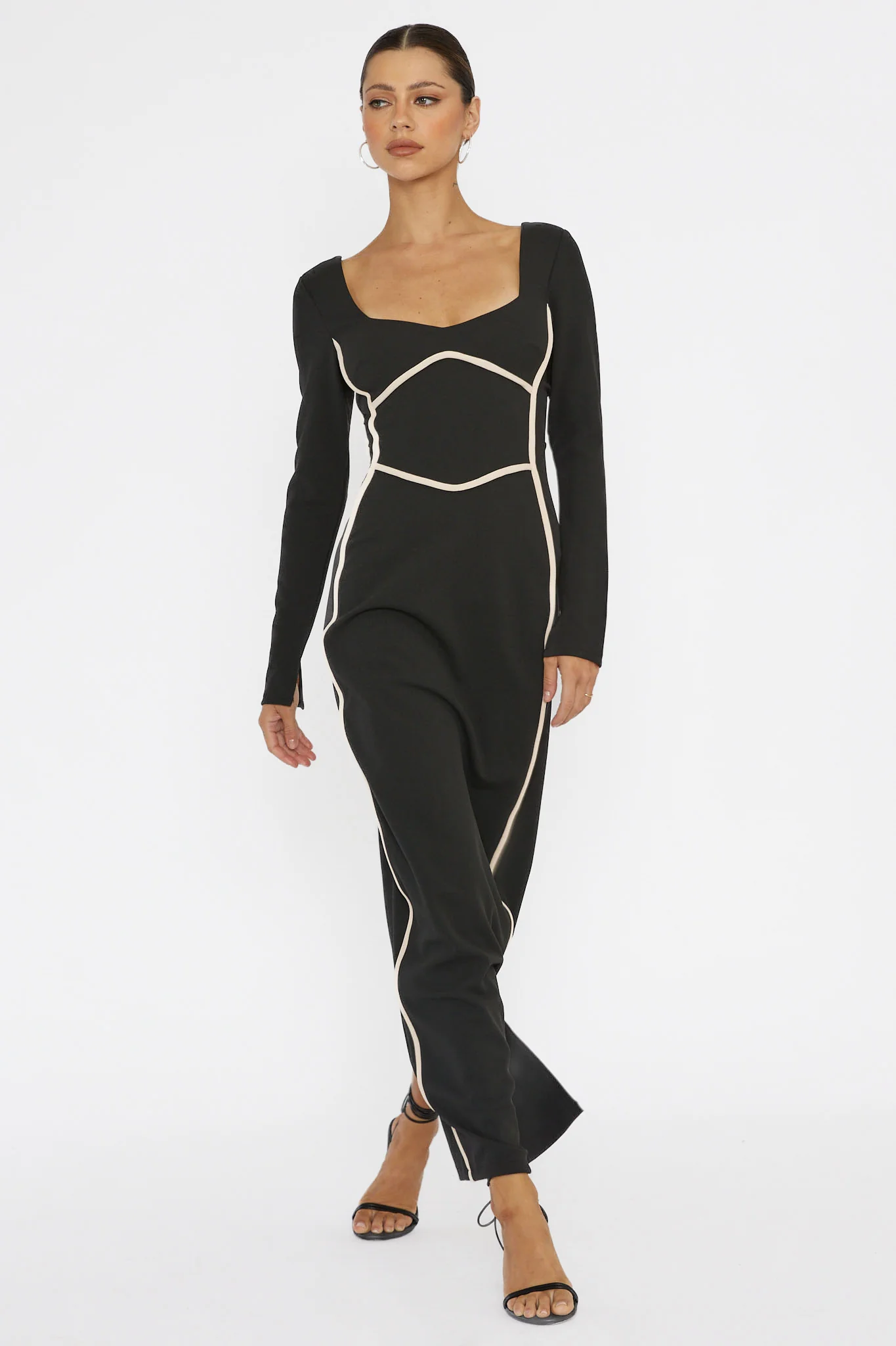 Shenae Long Sleeve Piping Midi Dress Black - Image 4