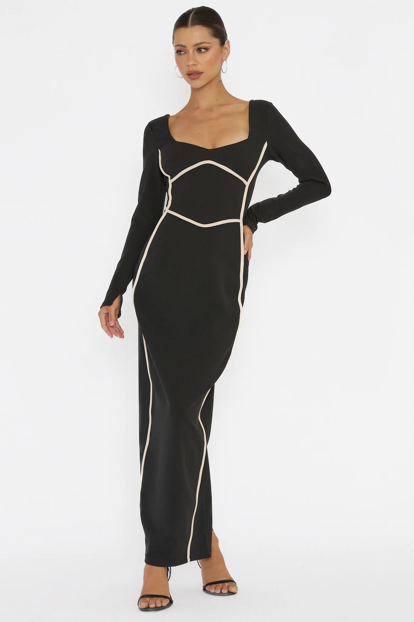 Shenae Long Sleeve Piping Midi Dress Black - Image 6