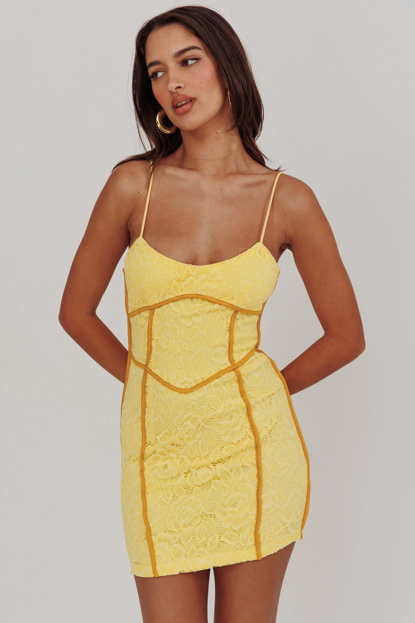 Shenae Piping Trim Mini Dress Lace Yellow - Image 5