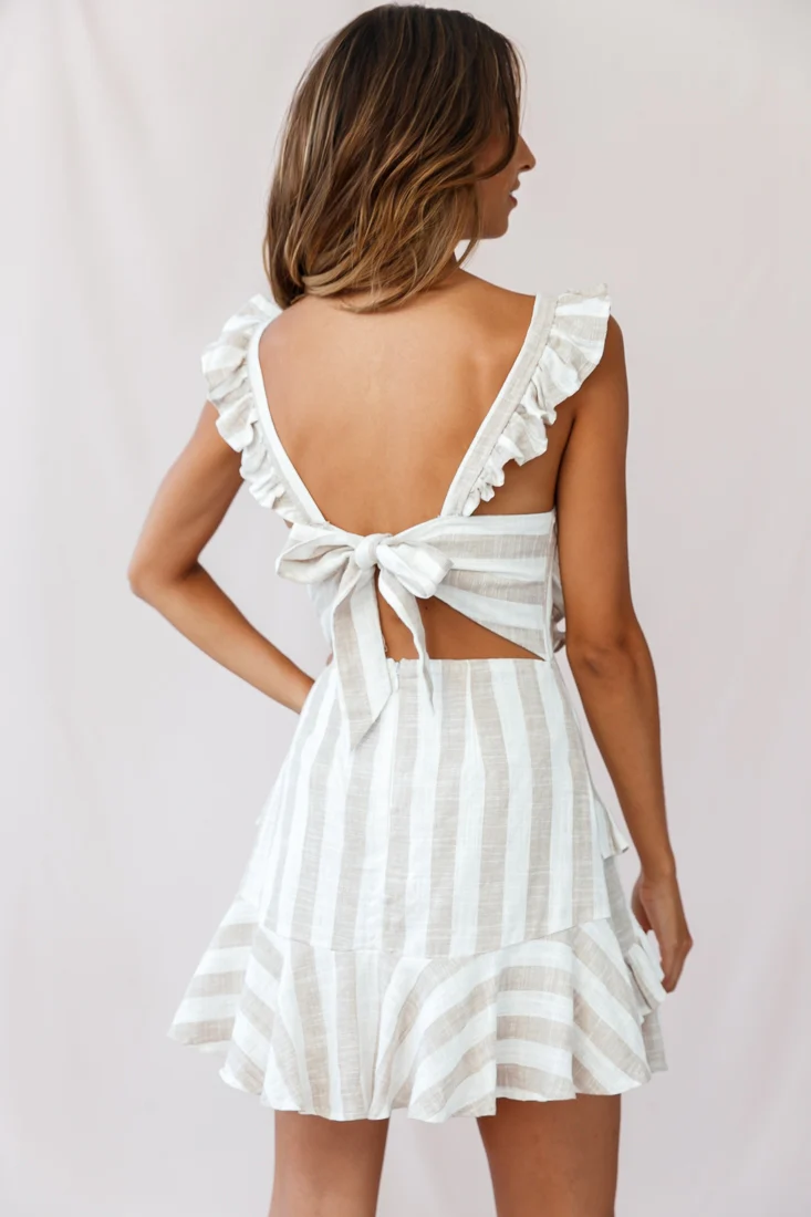 Shiloh Tie-Back Pinafore Dress Stripe Print Beige - Image 3