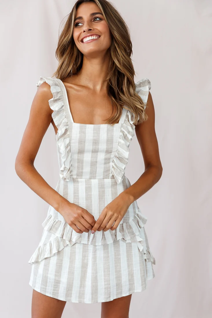 Shiloh Tie-Back Pinafore Dress Stripe Print Beige - Image 6