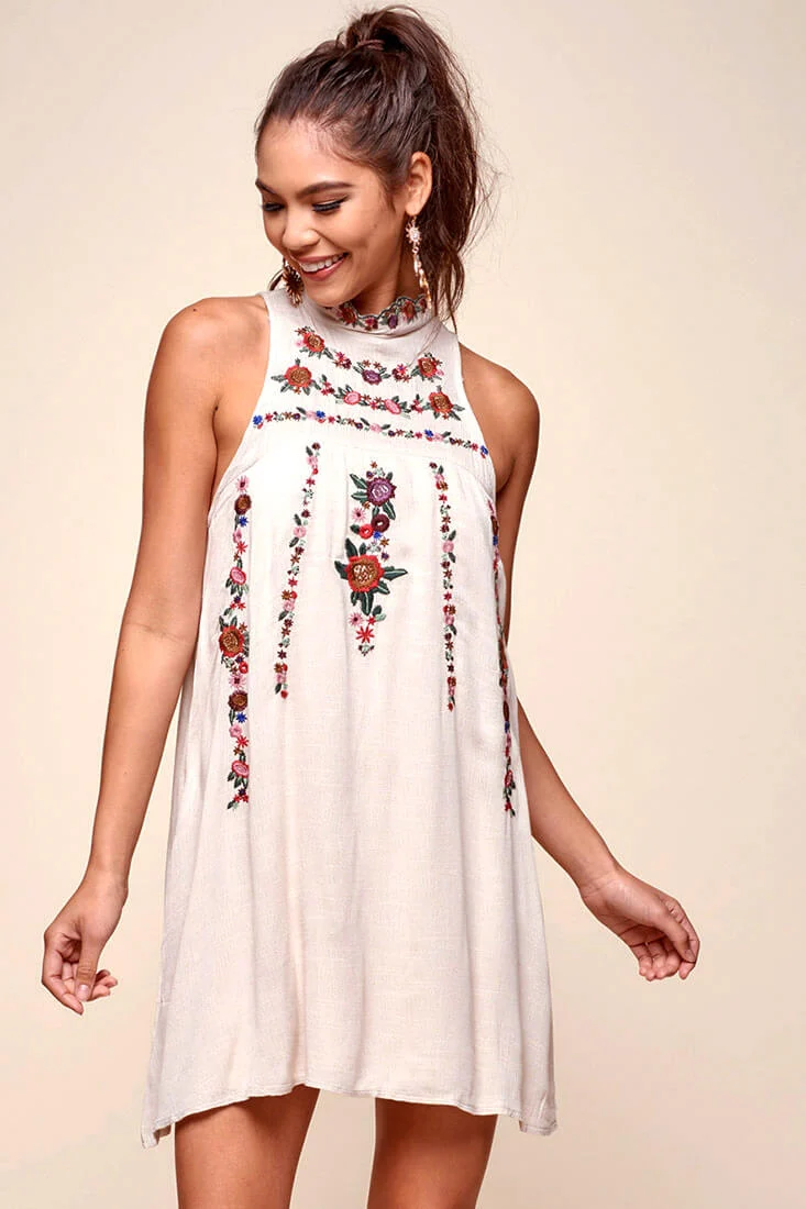 Shonda Floral Embroidered Detail Mid-Length Dress Beige - Image 2