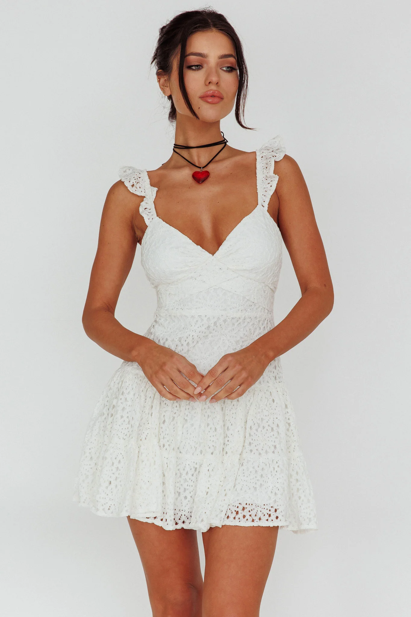 Short Notice Ruffle Strap Lace Mini Dress White - Image 5