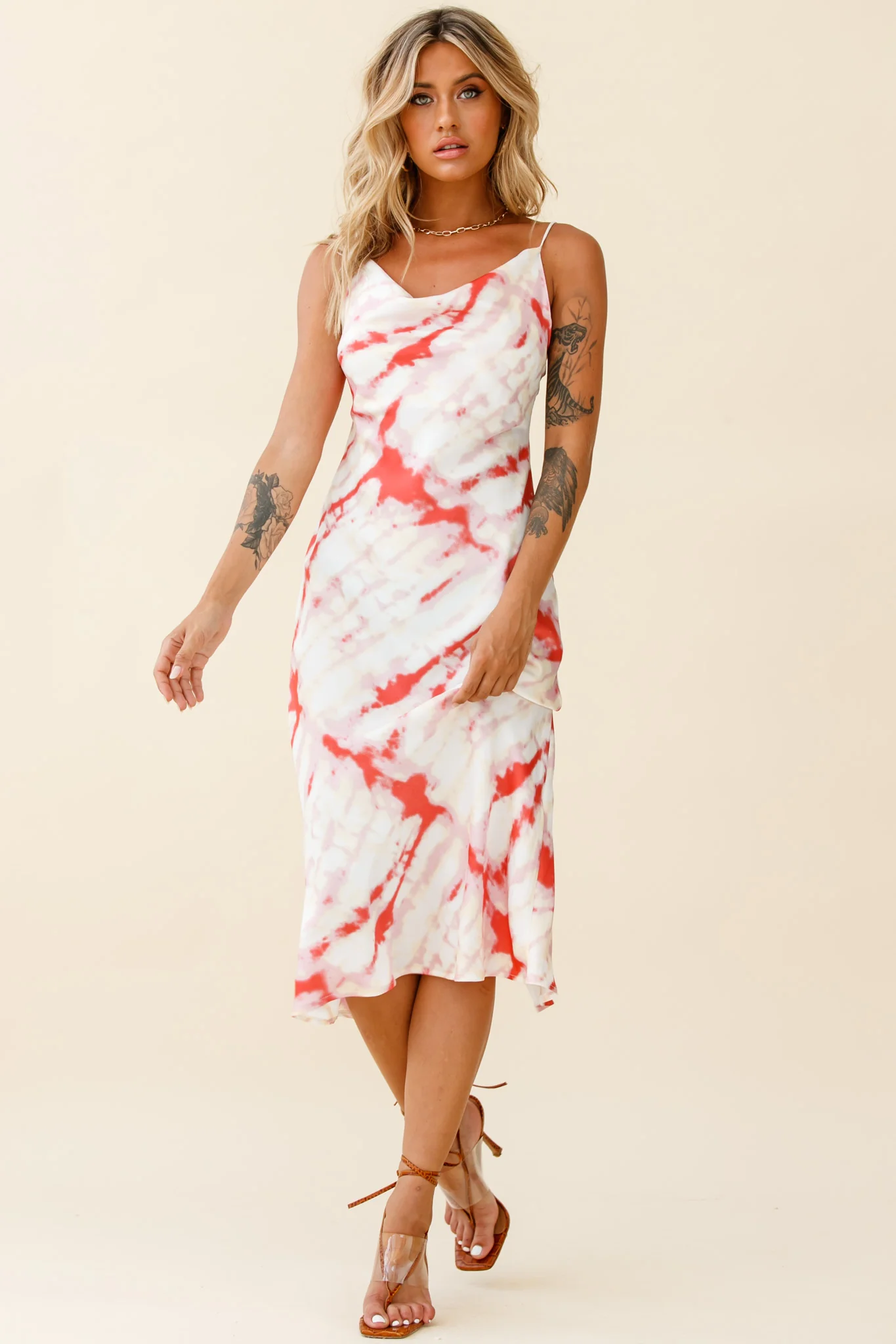 Show Me Love Cowl Neck Midi Dress Tie-Dye Red - Image 2