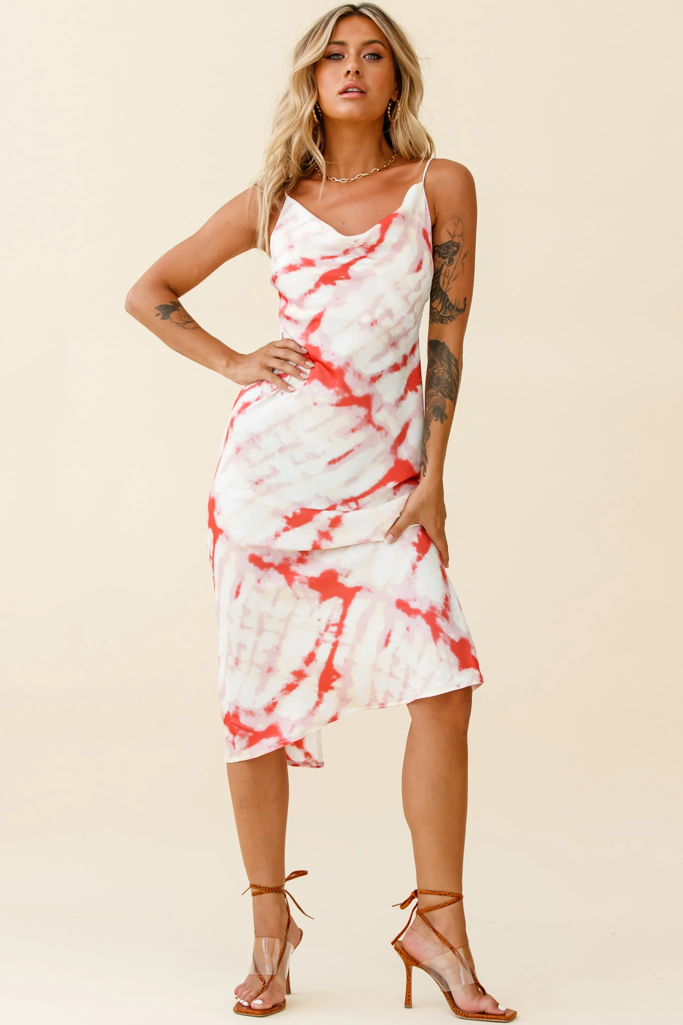 Show Me Love Cowl Neck Midi Dress Tie-Dye Red - Image 7