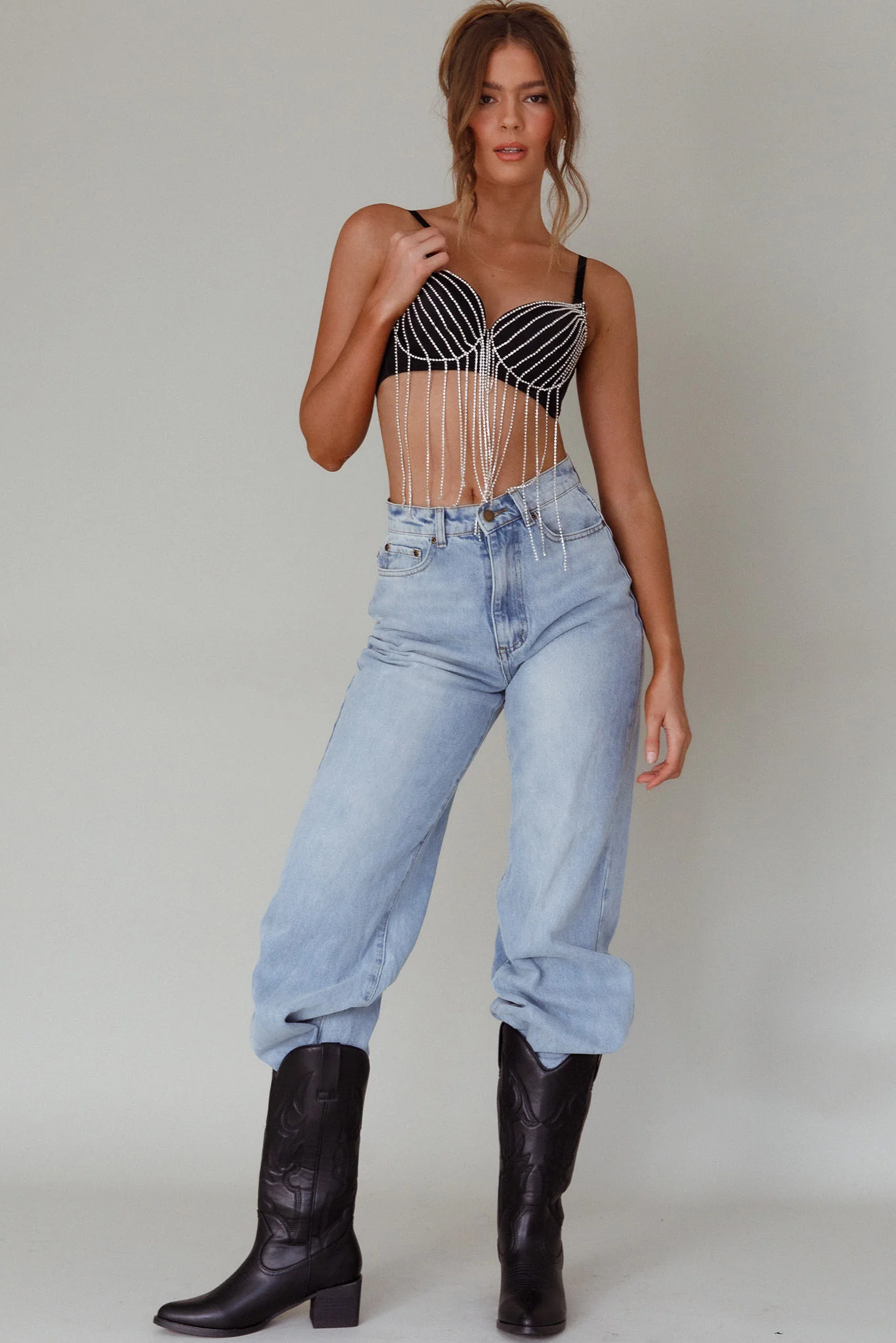Showgirl Diamante Bra Crop Top Black - Image 5