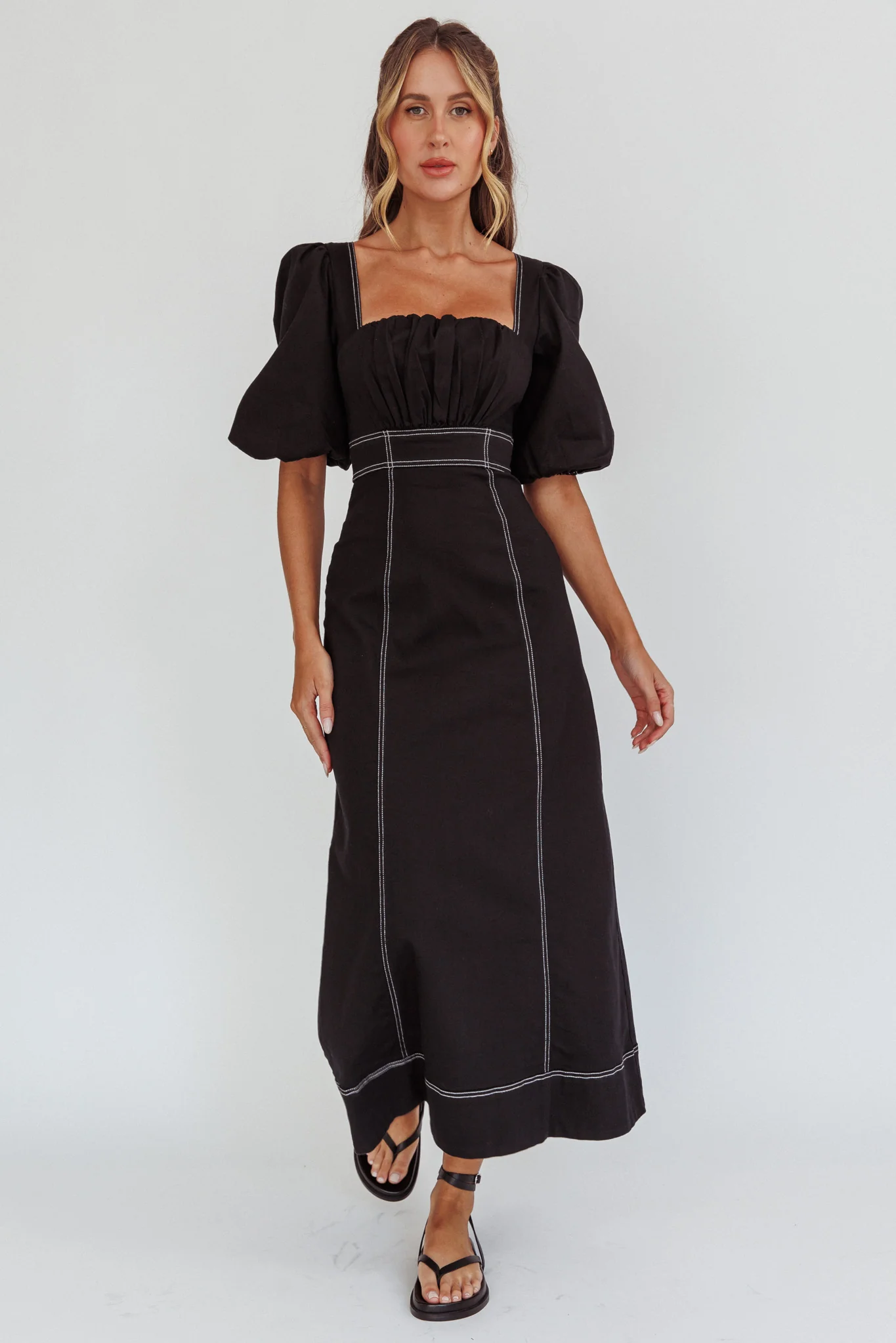 Sibille Puff Sleeve Contrast Stitch Dress Black - Image 4