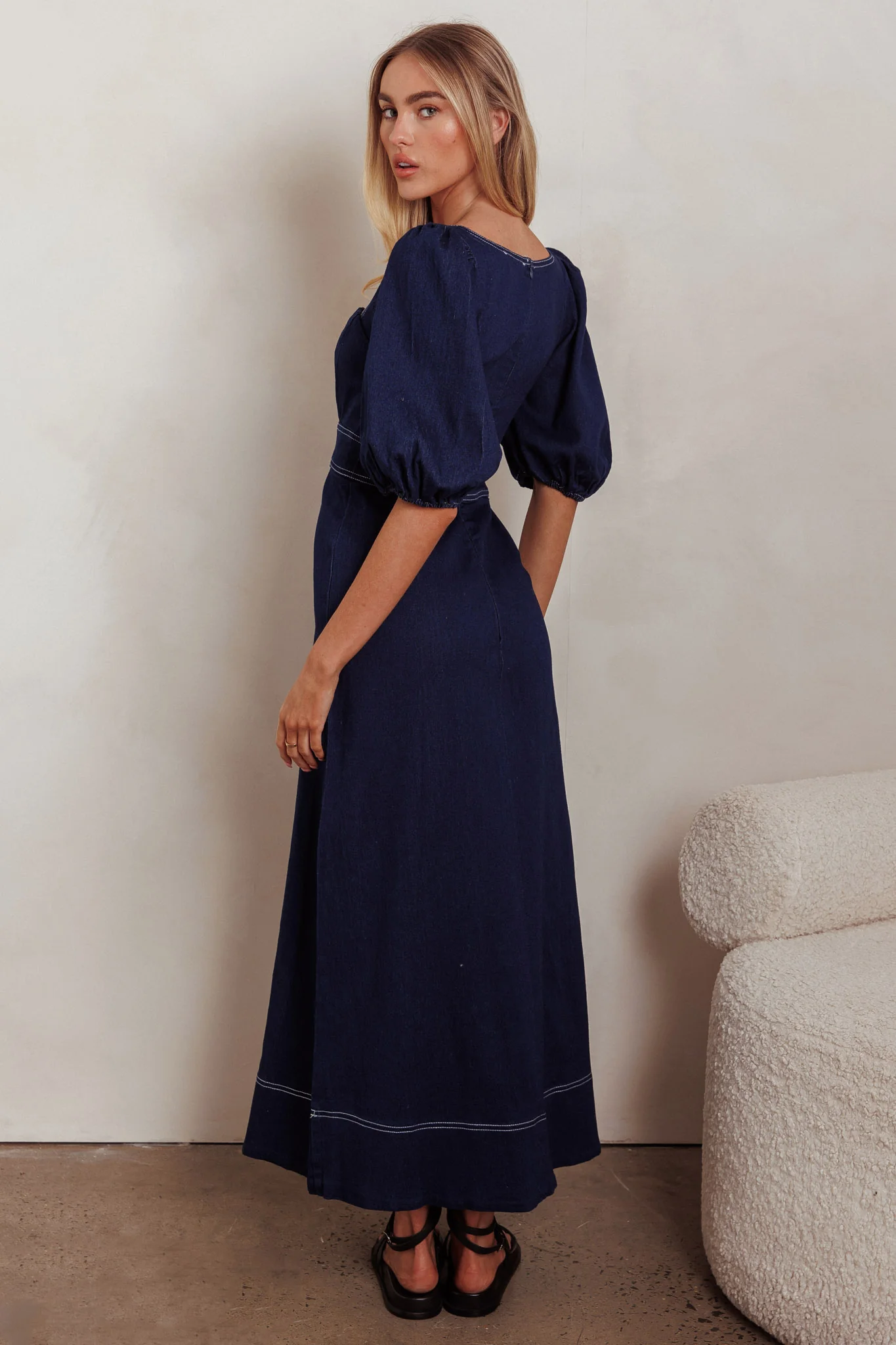 Sibille Puff Sleeve Maxi Dress Denim Indigo - Image 3