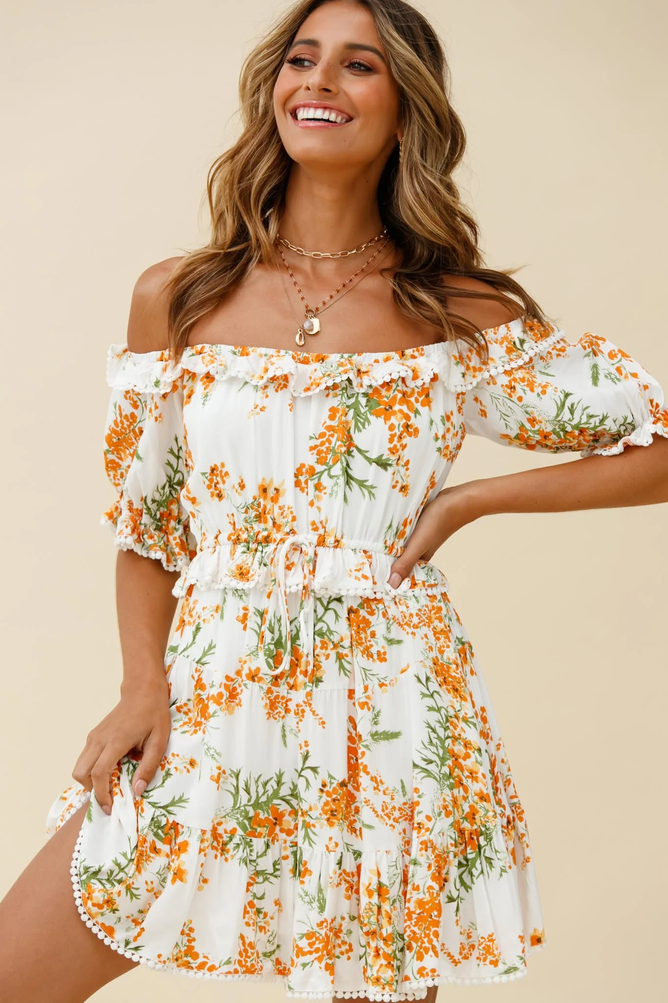 Sierra Bonita Off-Shoulder Drawstring Waist Dress Floral Print Orange Multi - Image 5