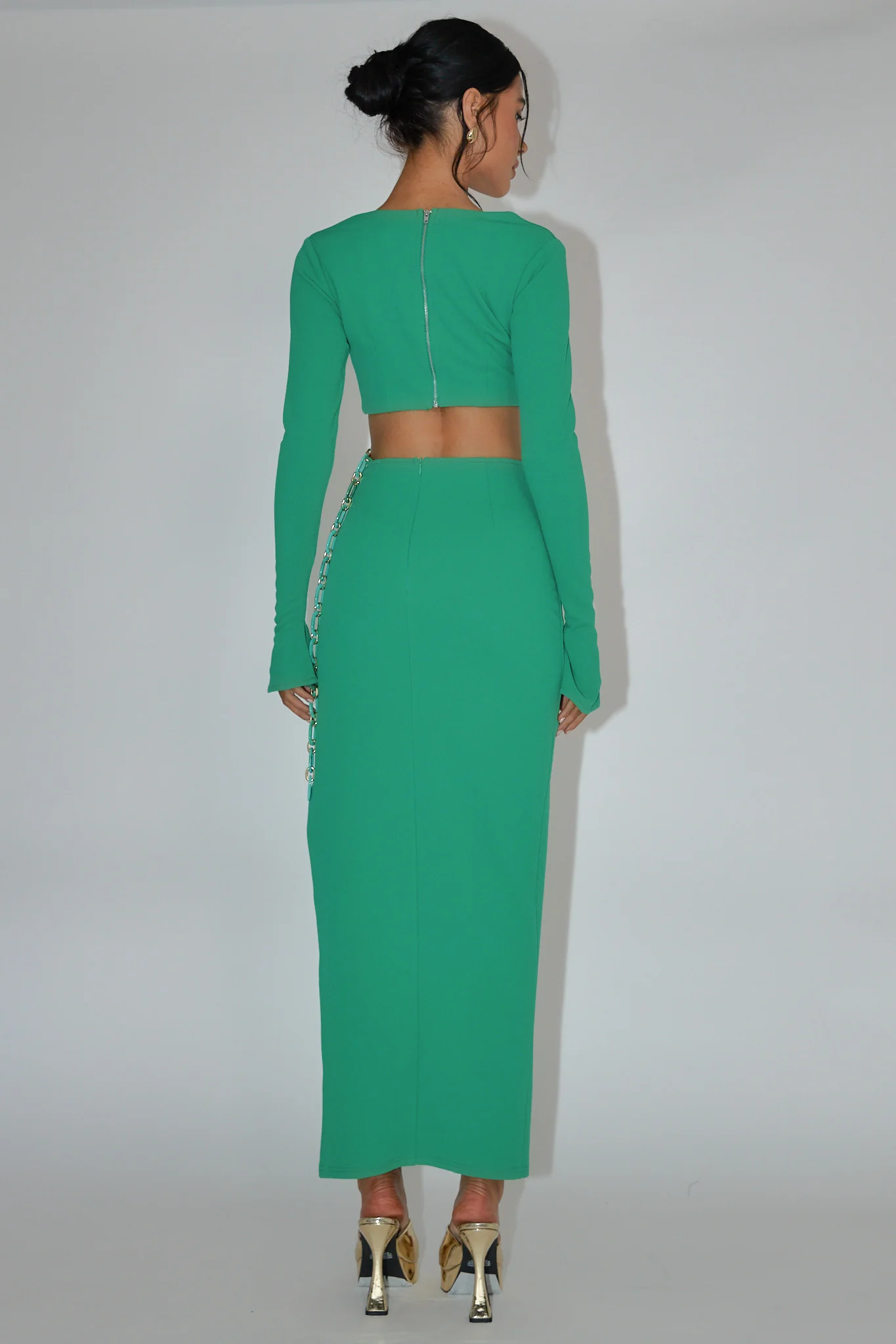Sigournie Long Sleeve Chain Midi Dress Green - Image 2