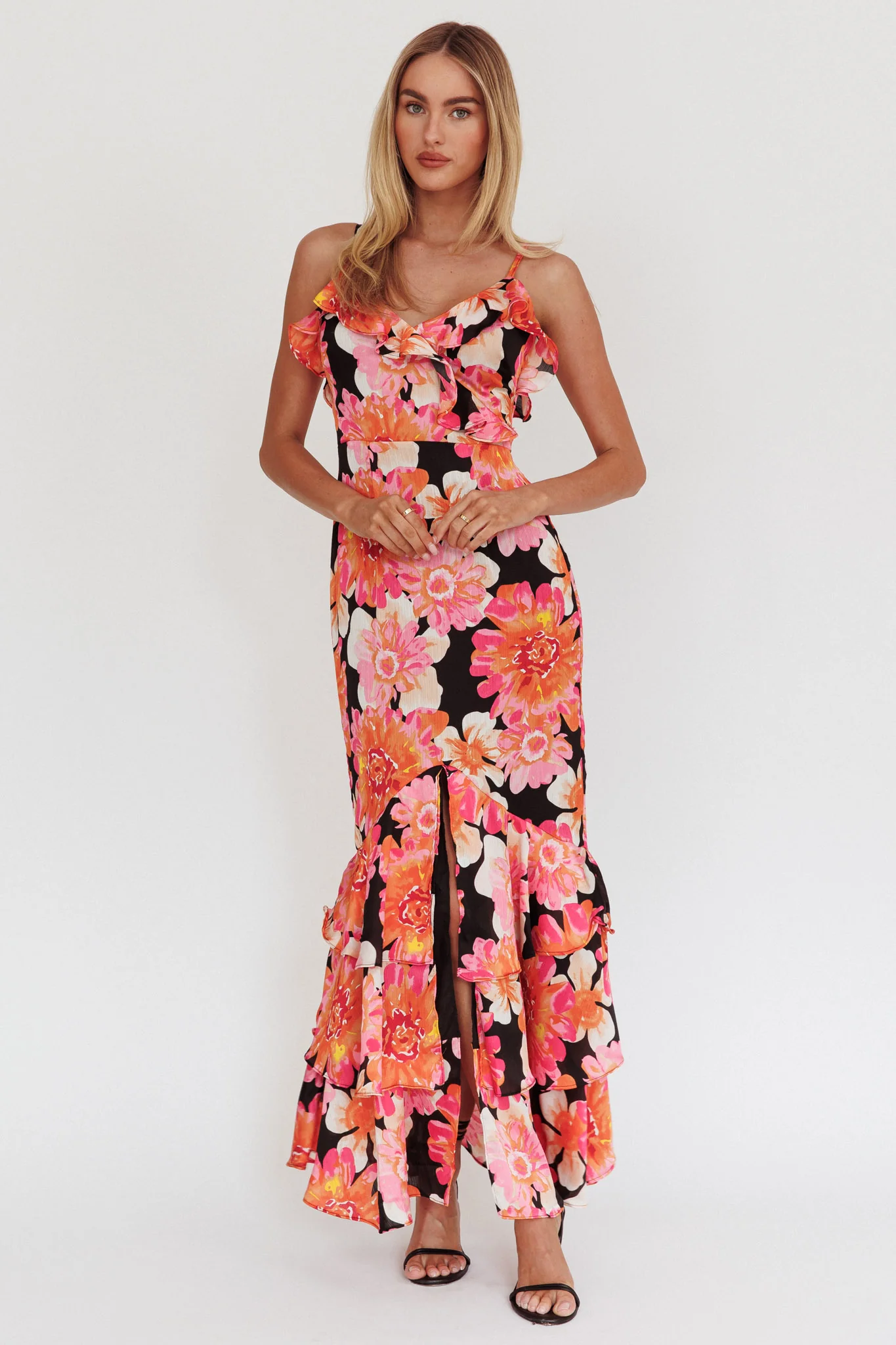 Silvana Frill Trim Maxi Dress Black/Pink - Image 2