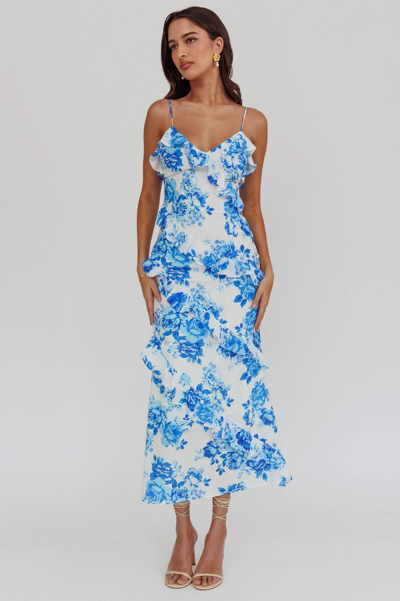 Silvana Frill Trim Maxi Dress Floral Blue - Image 5