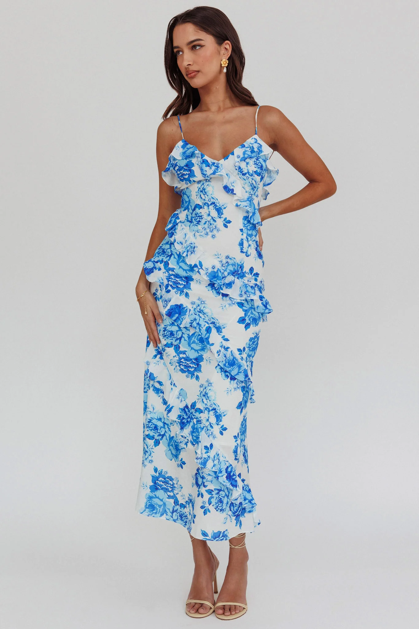 Silvana Frill Trim Maxi Dress Floral Blue - Image 6