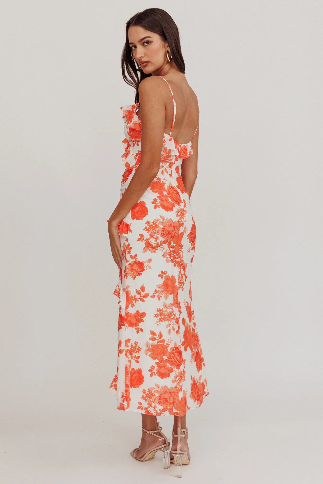 Silvana Frill Trim Maxi Dress Floral Orange - Image 2