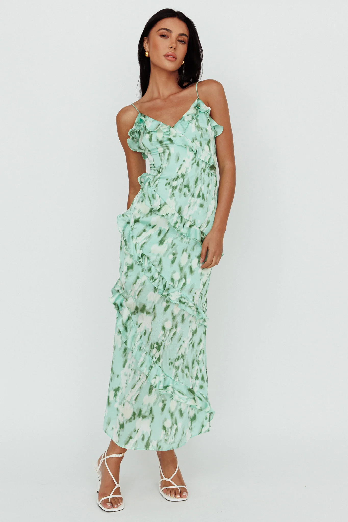Silvana Frill Trim Midi Dress Print Green - Image 3