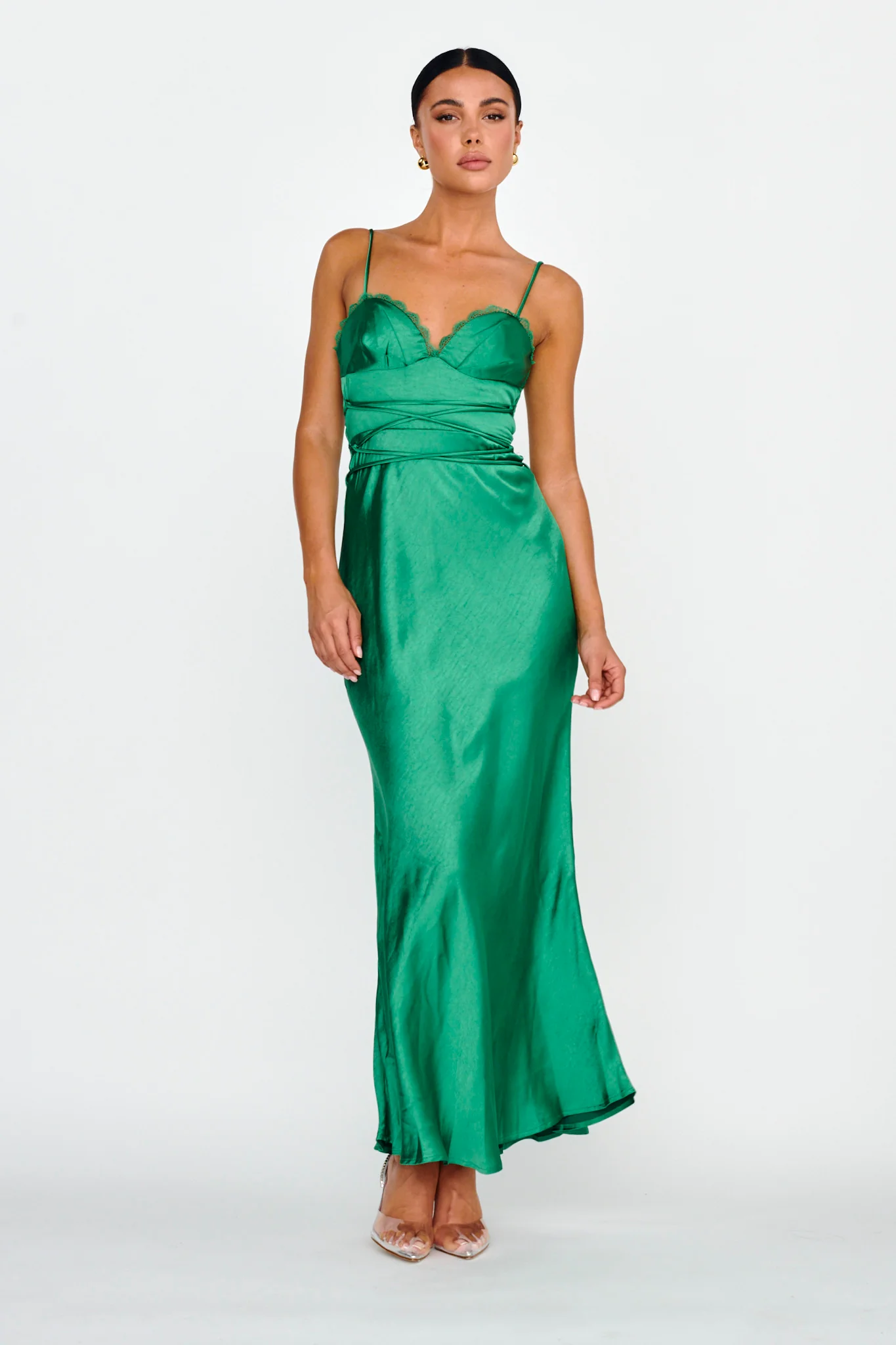 Silver Lining String Tie Waist Dress Forest Green - Image 3