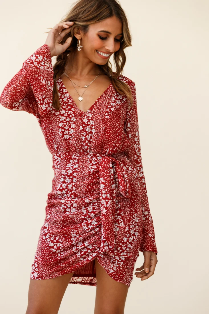 Simona Long Sleeve Wrap Style Dress Floral Print Red - Image 7
