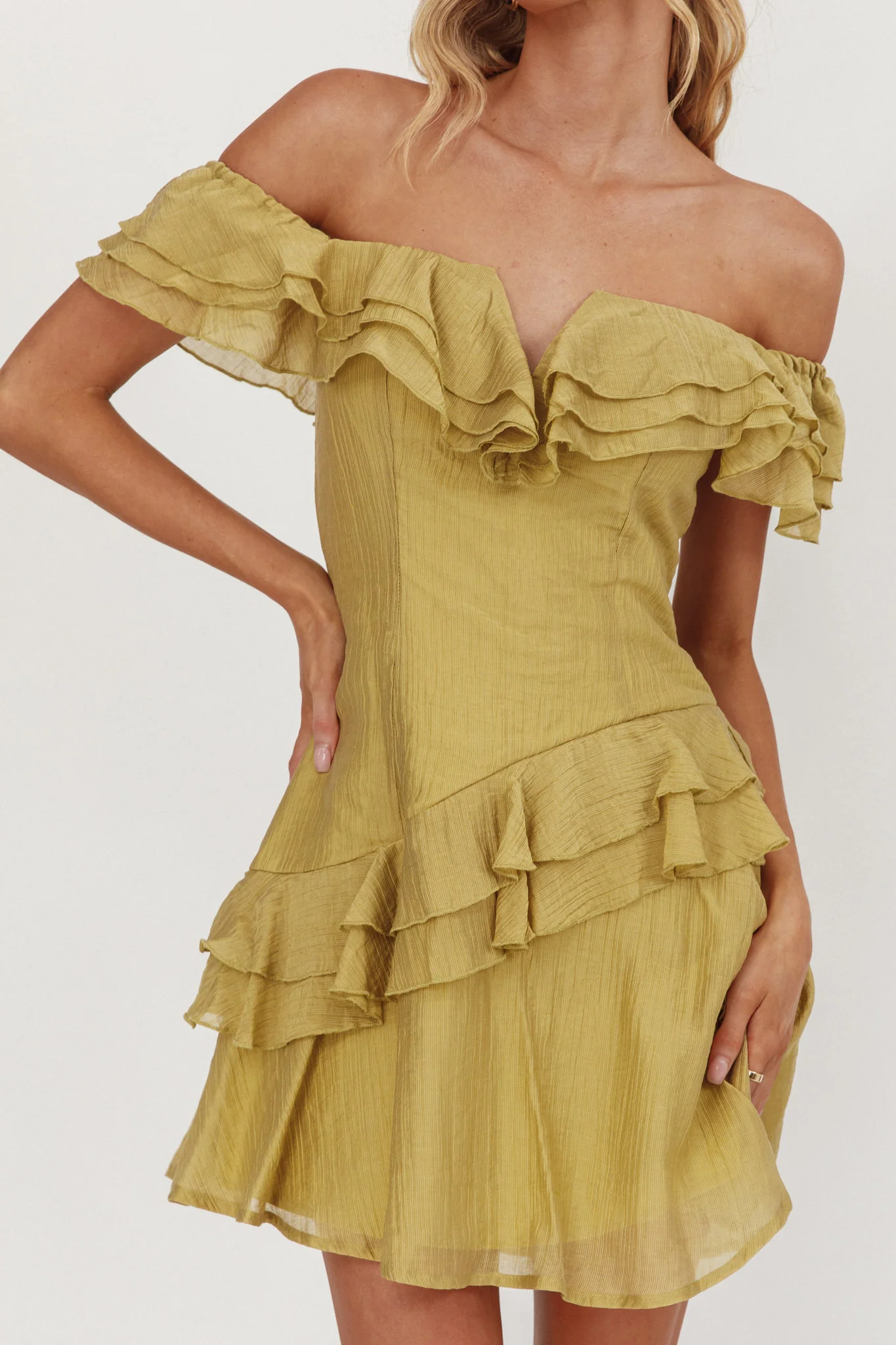Sinclair Off-Shoulder Ruffle Trim Mini Dress Khaki - Image 3