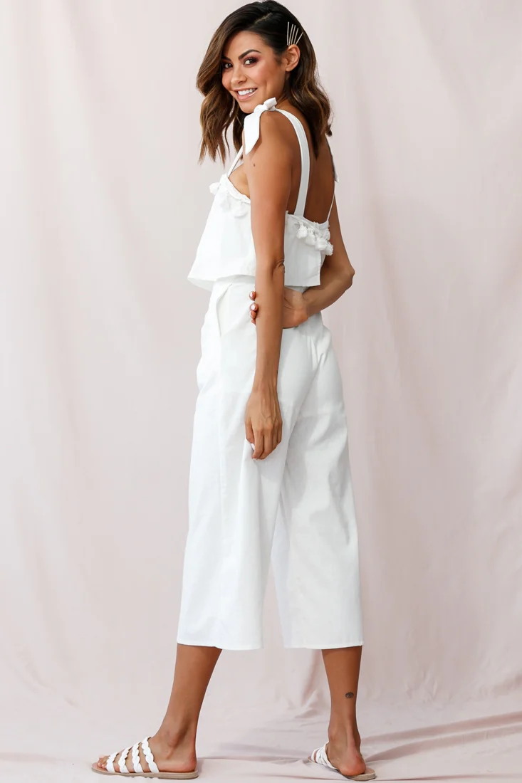 Sirocco Tassel Trim Tied Shoulder Midi Jumpsuit White - Image 3