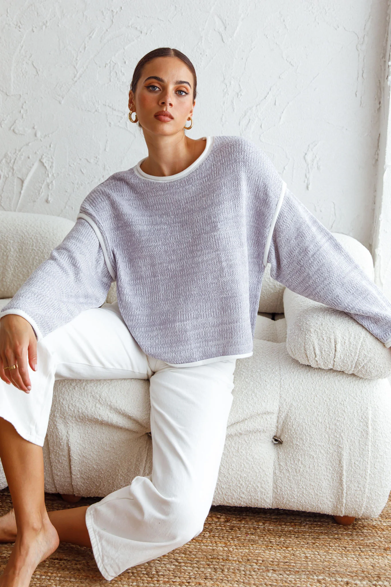 Sitting Pretty Drop Sleeve White Trim Knit Sweater Blue - Image 6