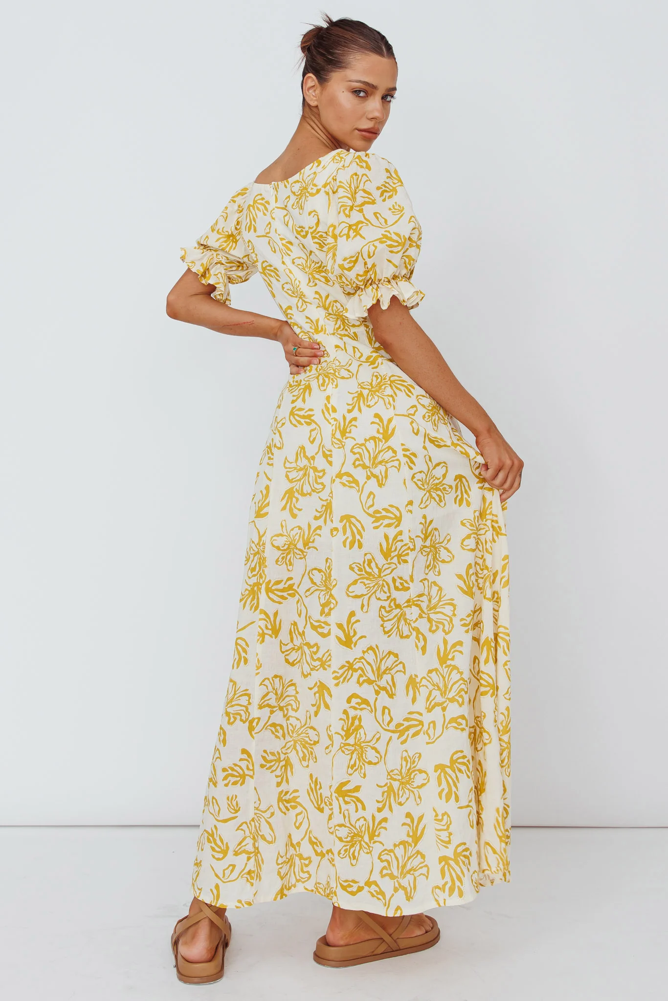 Sitting Pretty Pintuck Pleat Puff Sleeve Dress Yellow - Image 2