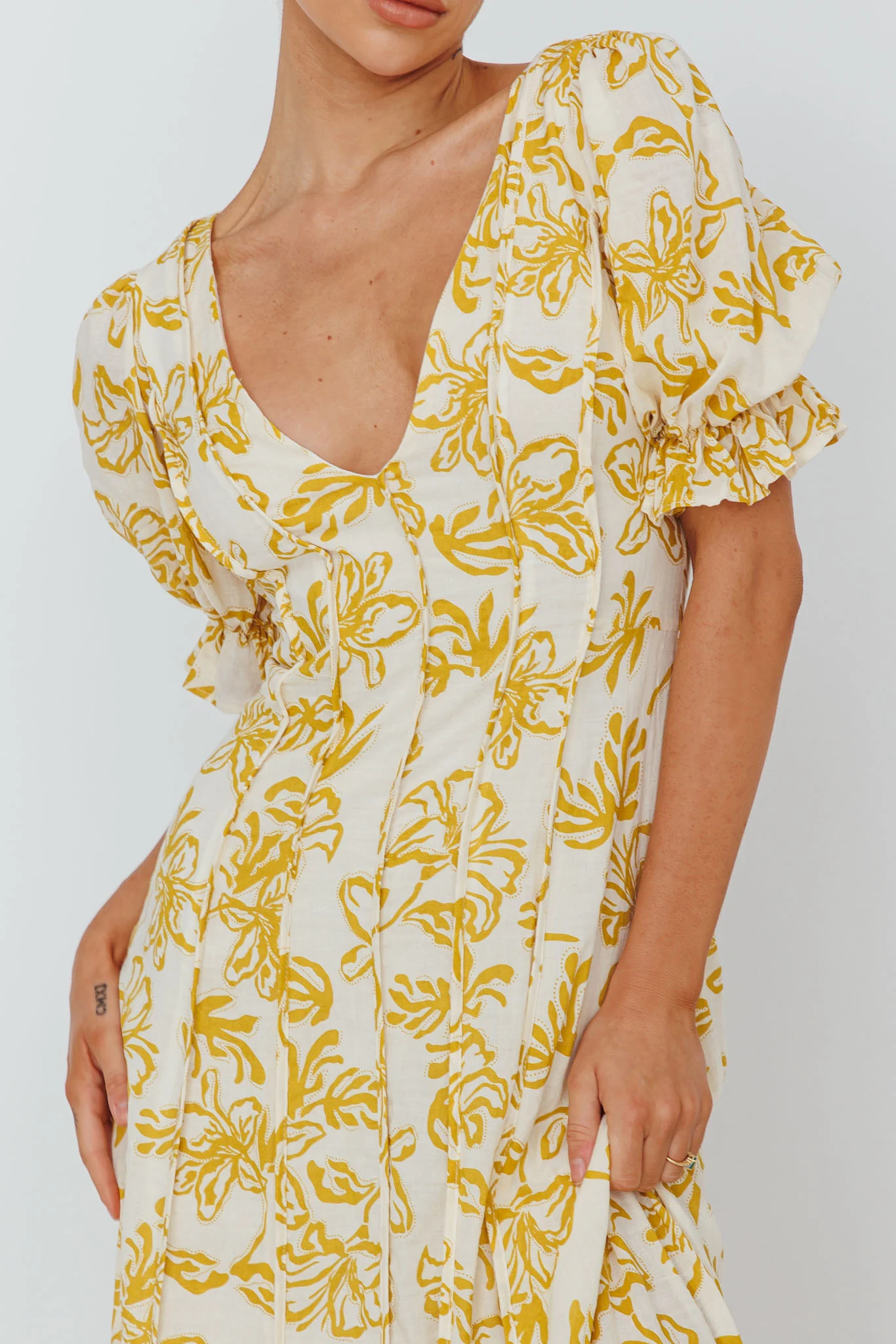 Sitting Pretty Pintuck Pleat Puff Sleeve Dress Yellow - Image 3
