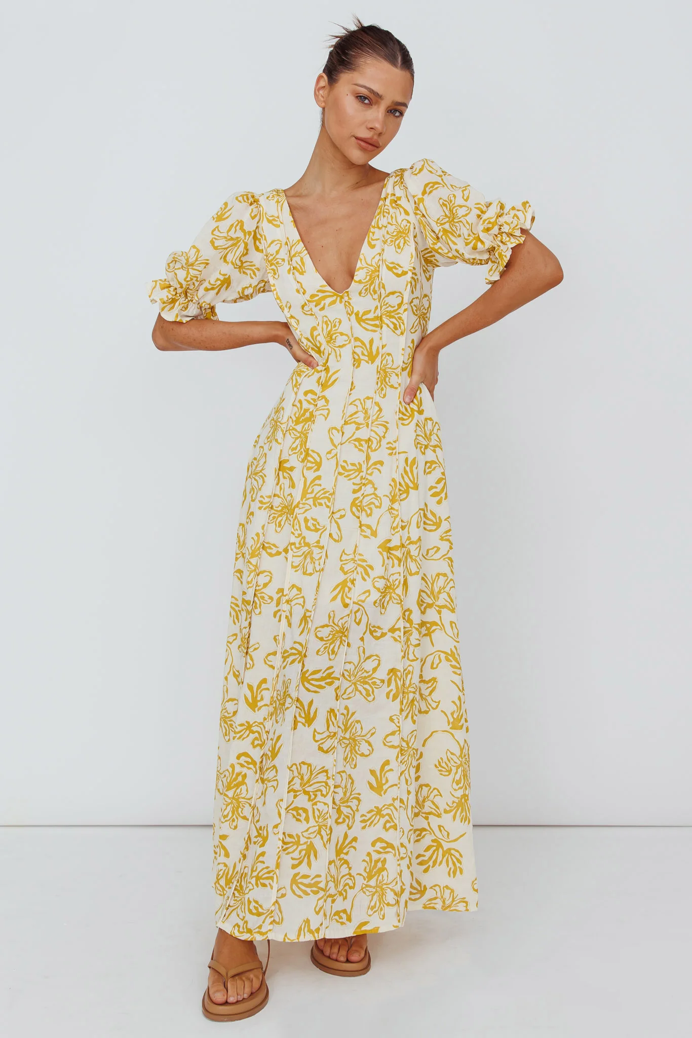 Sitting Pretty Pintuck Pleat Puff Sleeve Dress Yellow - Image 4
