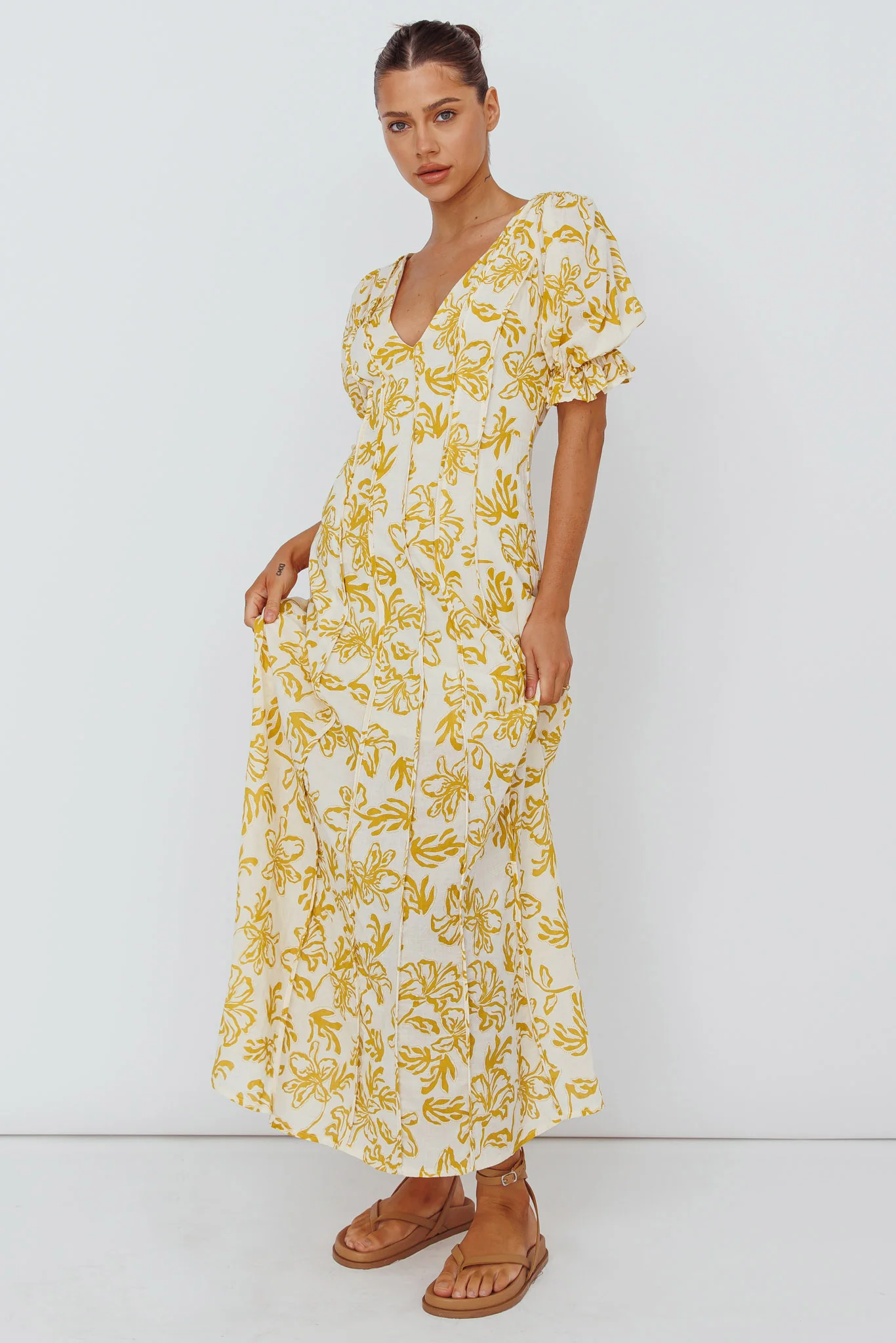 Sitting Pretty Pintuck Pleat Puff Sleeve Dress Yellow - Image 5