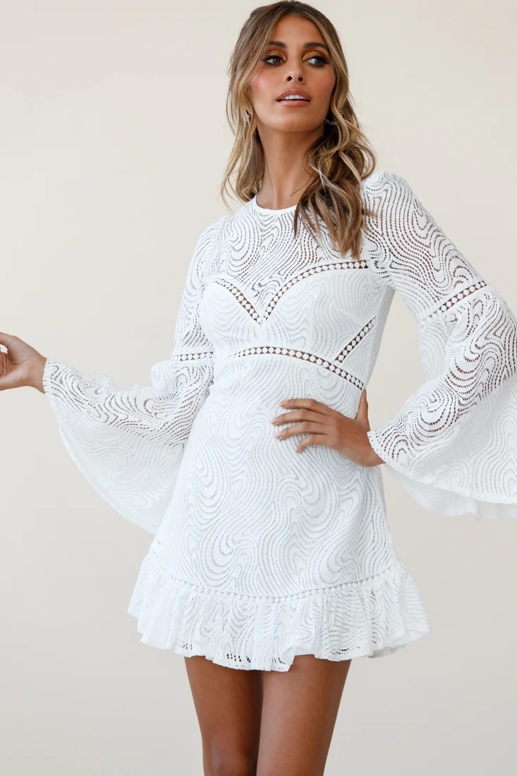 Sky High Long Bell Sleeve Crochet Embroidery Dress White - Image 3