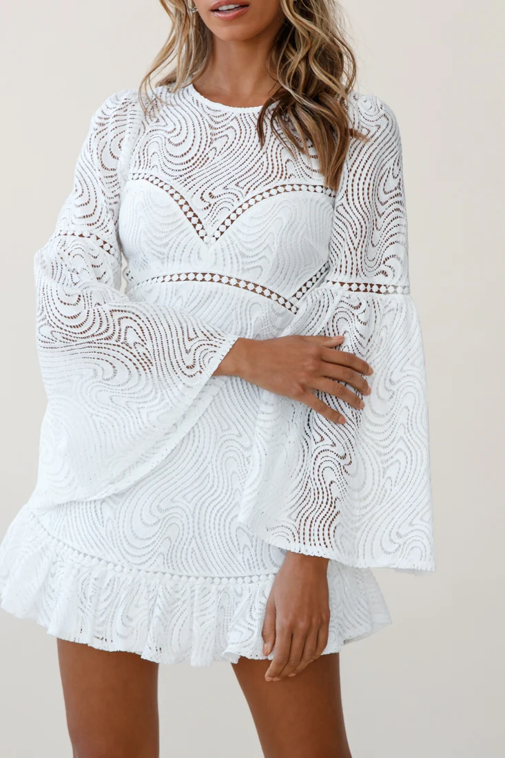 Sky High Long Bell Sleeve Crochet Embroidery Dress White - Image 7