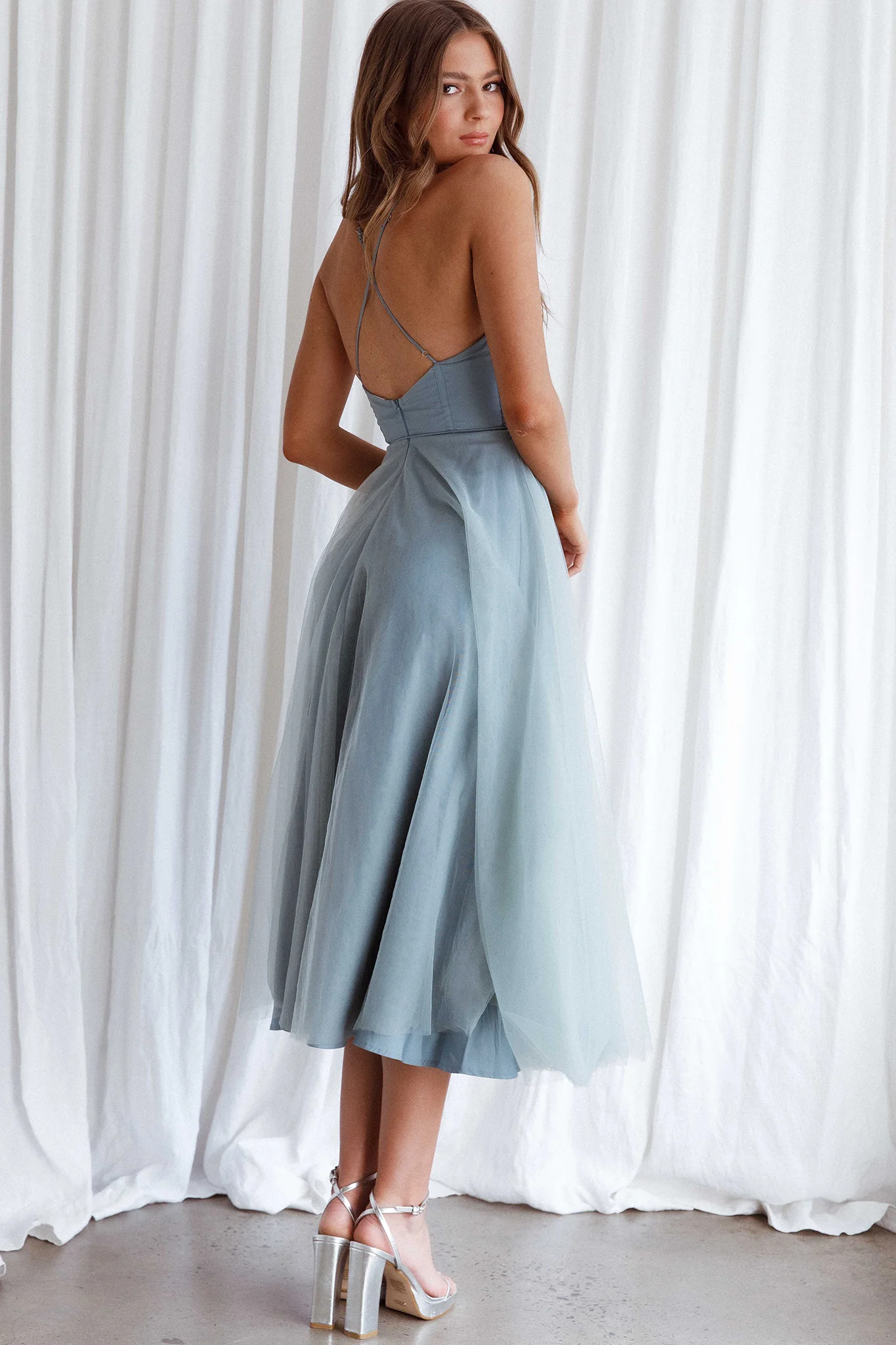 Smitten Sweetheart Neckline Chiffon Midi Dress Sage - Image 4