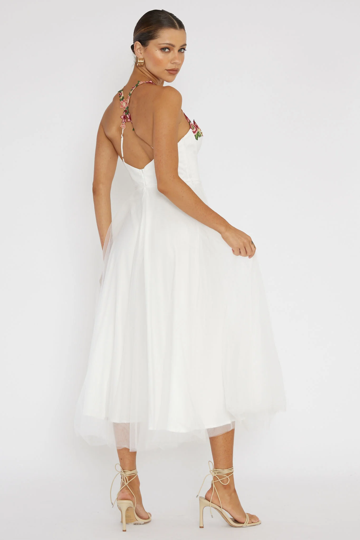 Smitten Sweetheart Neckline Floral Trim Dress White - Image 2