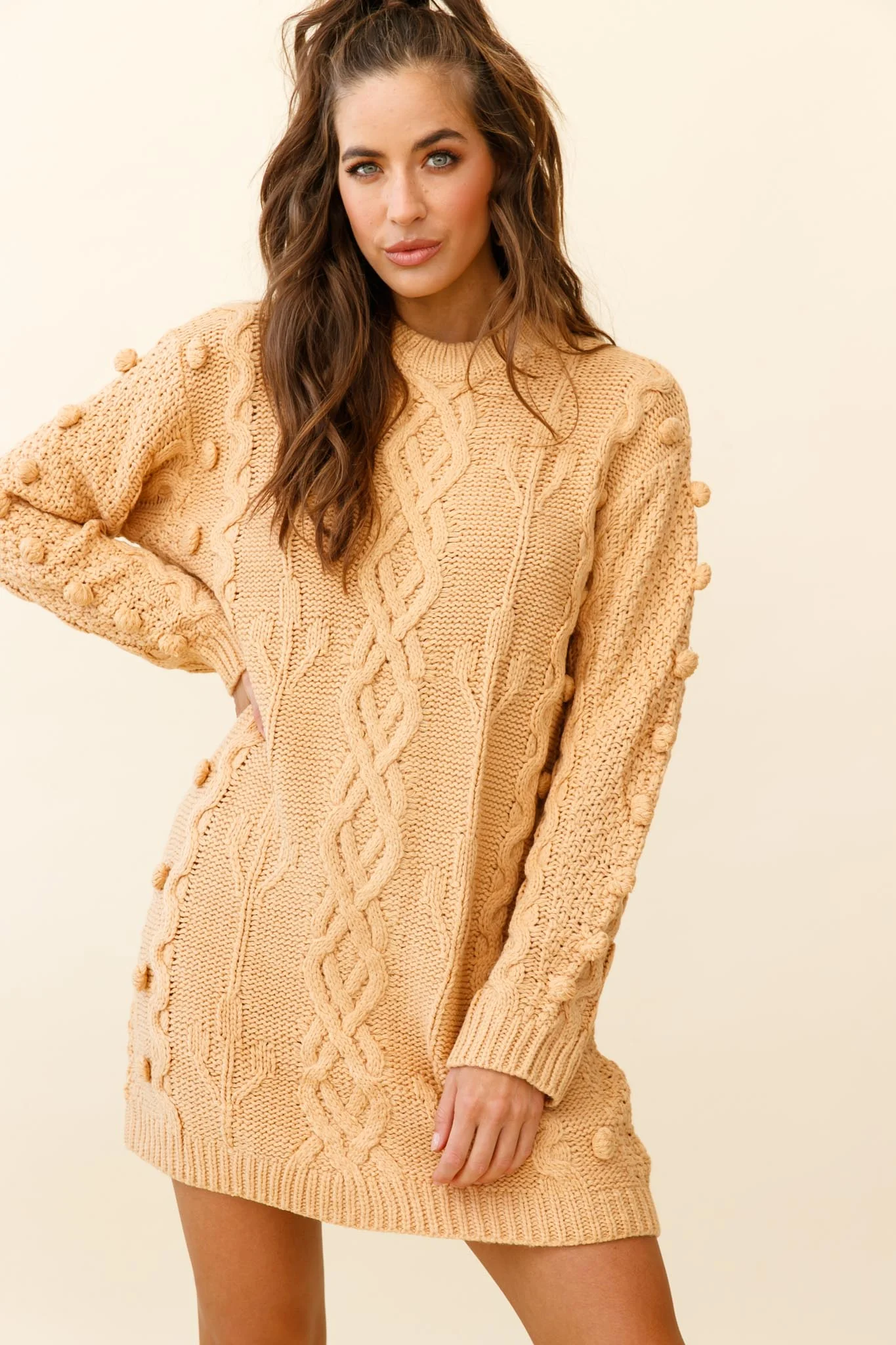 Snowstorm Pom Pom Detail Knit Sweater Dress Mustard - Image 5