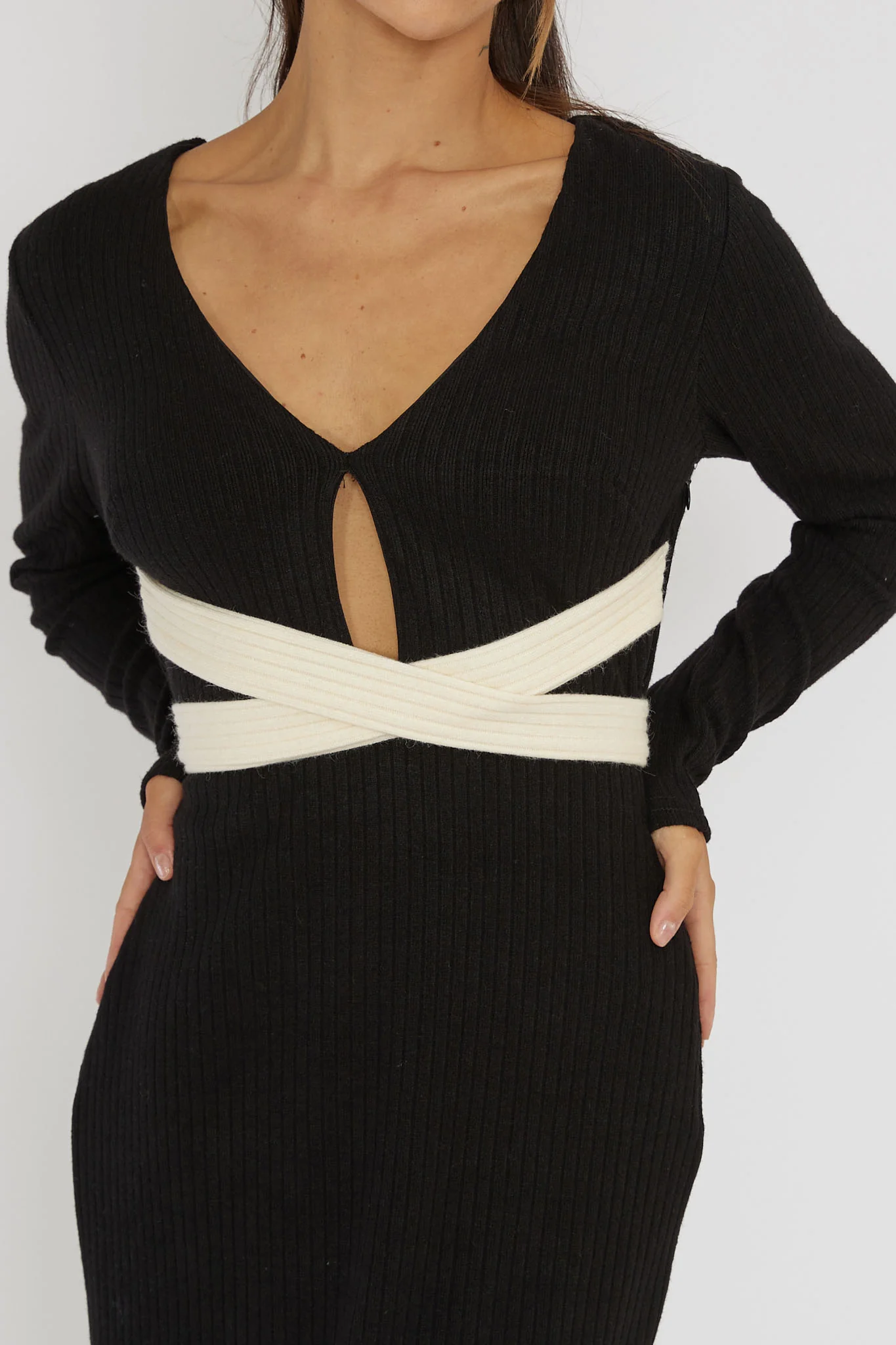 So Emotional Long Sleeve Cut-Out Knit Dress Black - Image 4