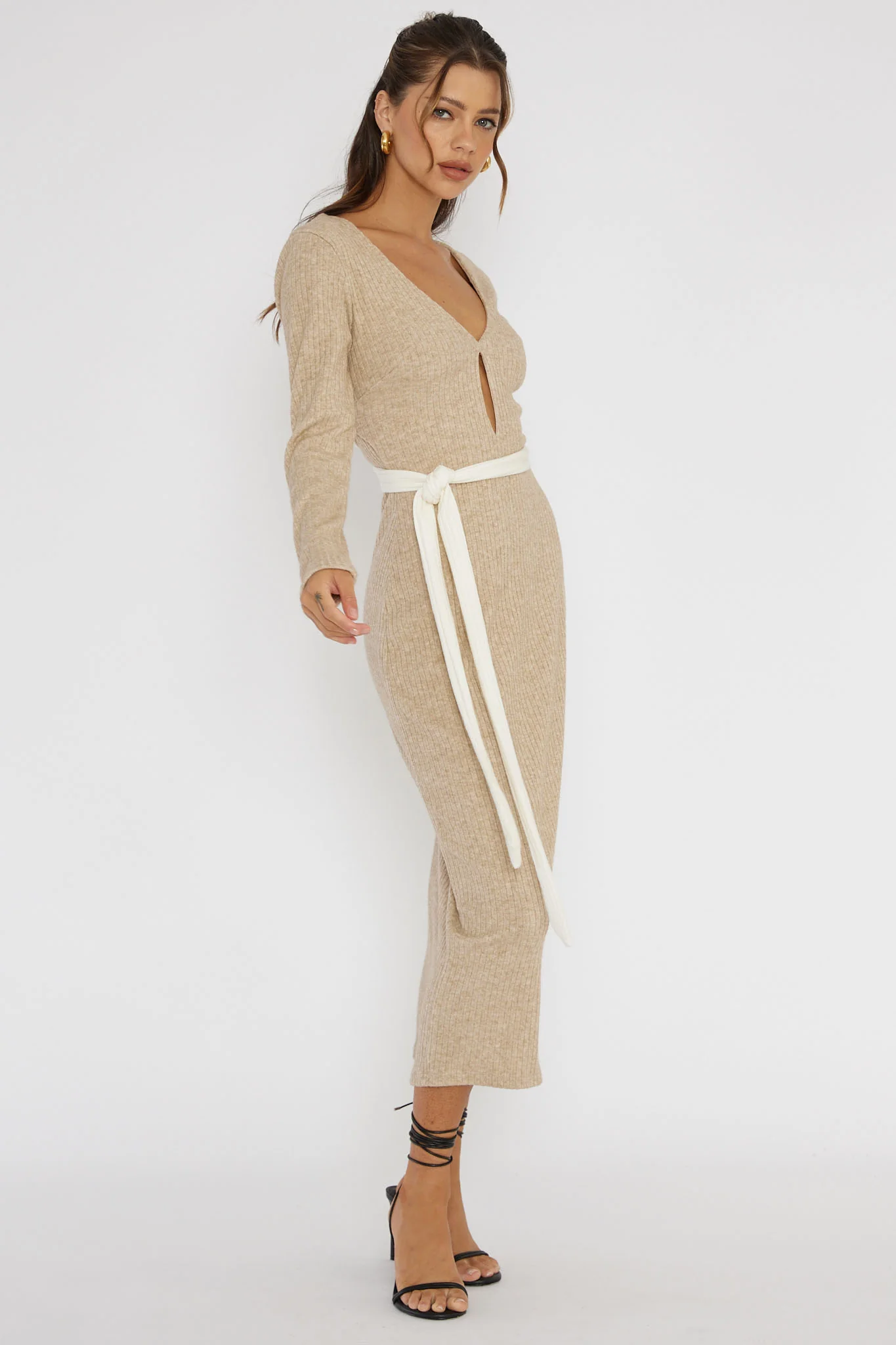 So Emotional Long Sleeve Cut-Out Knit Dress Oat - Image 3