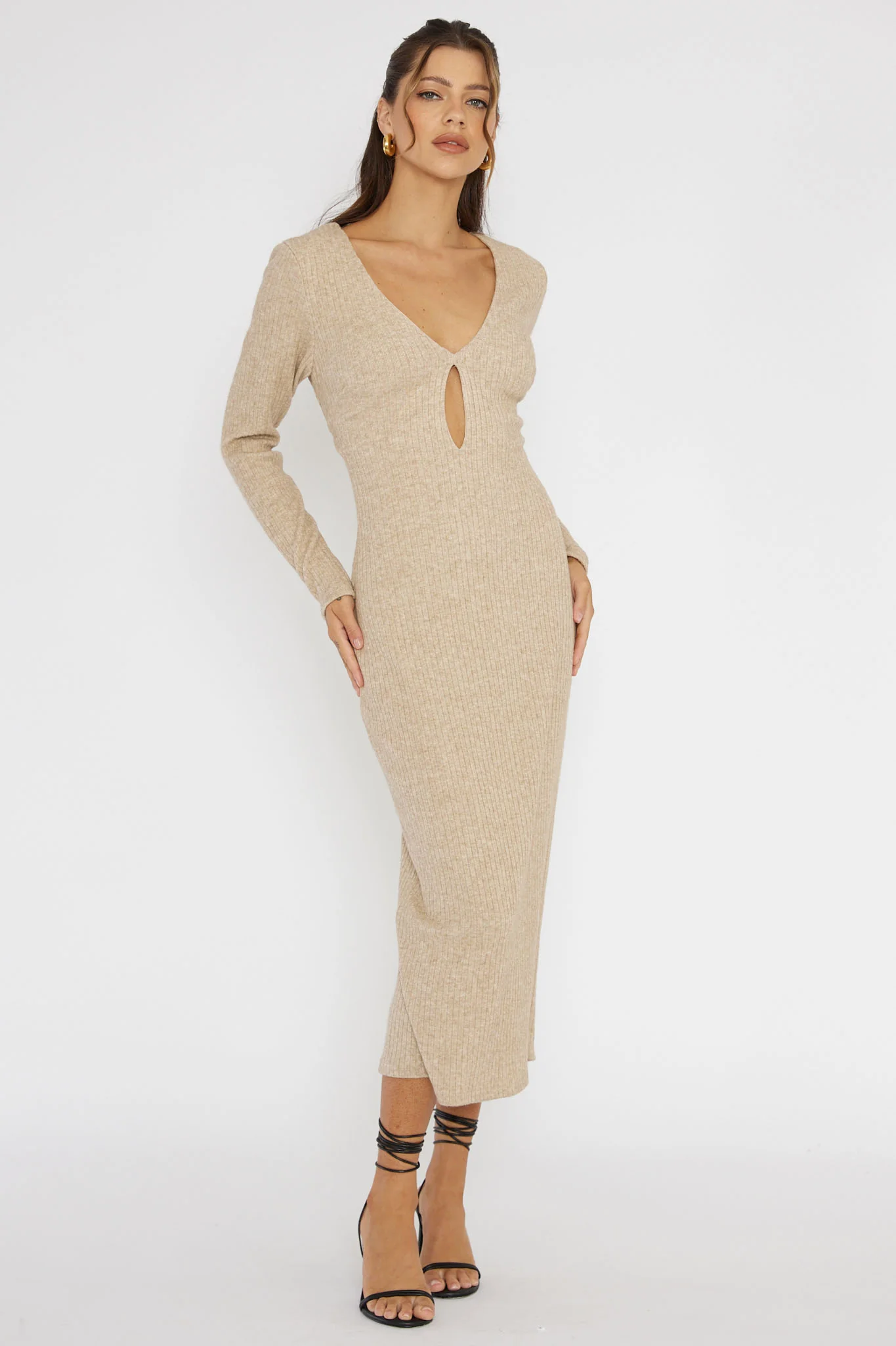 So Emotional Long Sleeve Cut-Out Knit Dress Oat - Image 5