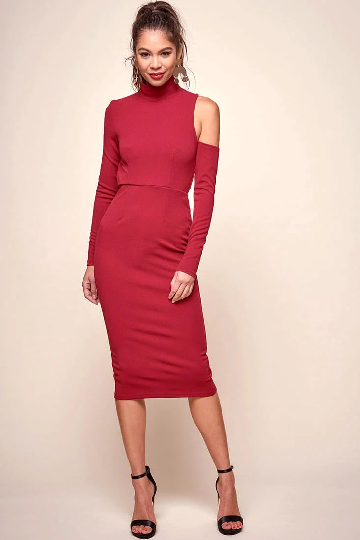 Sofie Asymmetrical cutout Turtle Neck Dress Red - Image 2