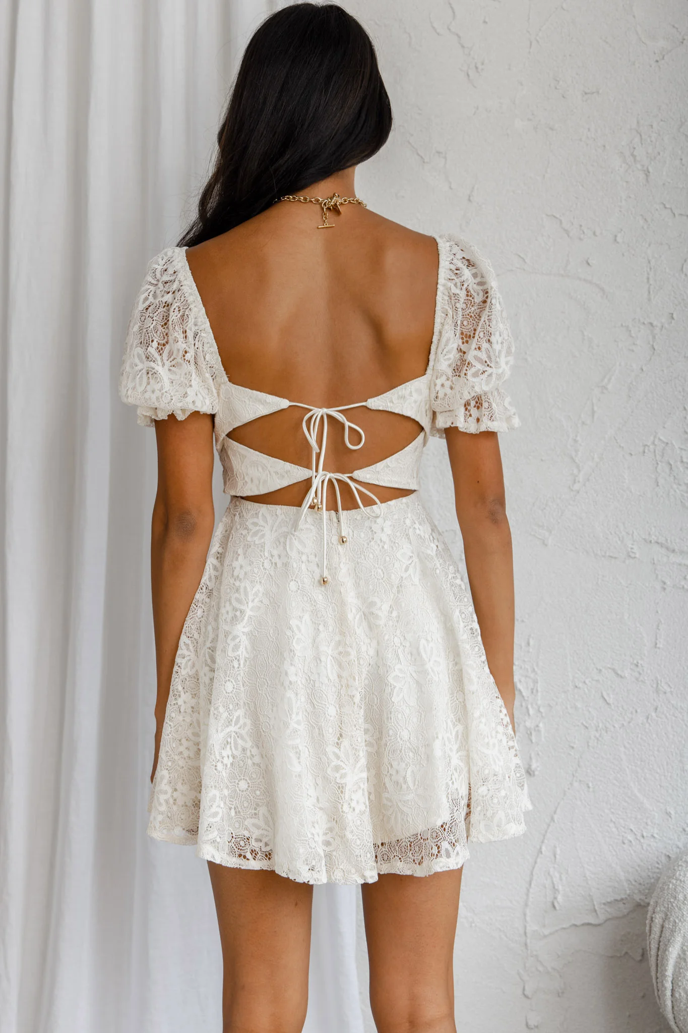 Soho Puff Sleeve Tied Back Lace Mini Dress Cream - Image 2