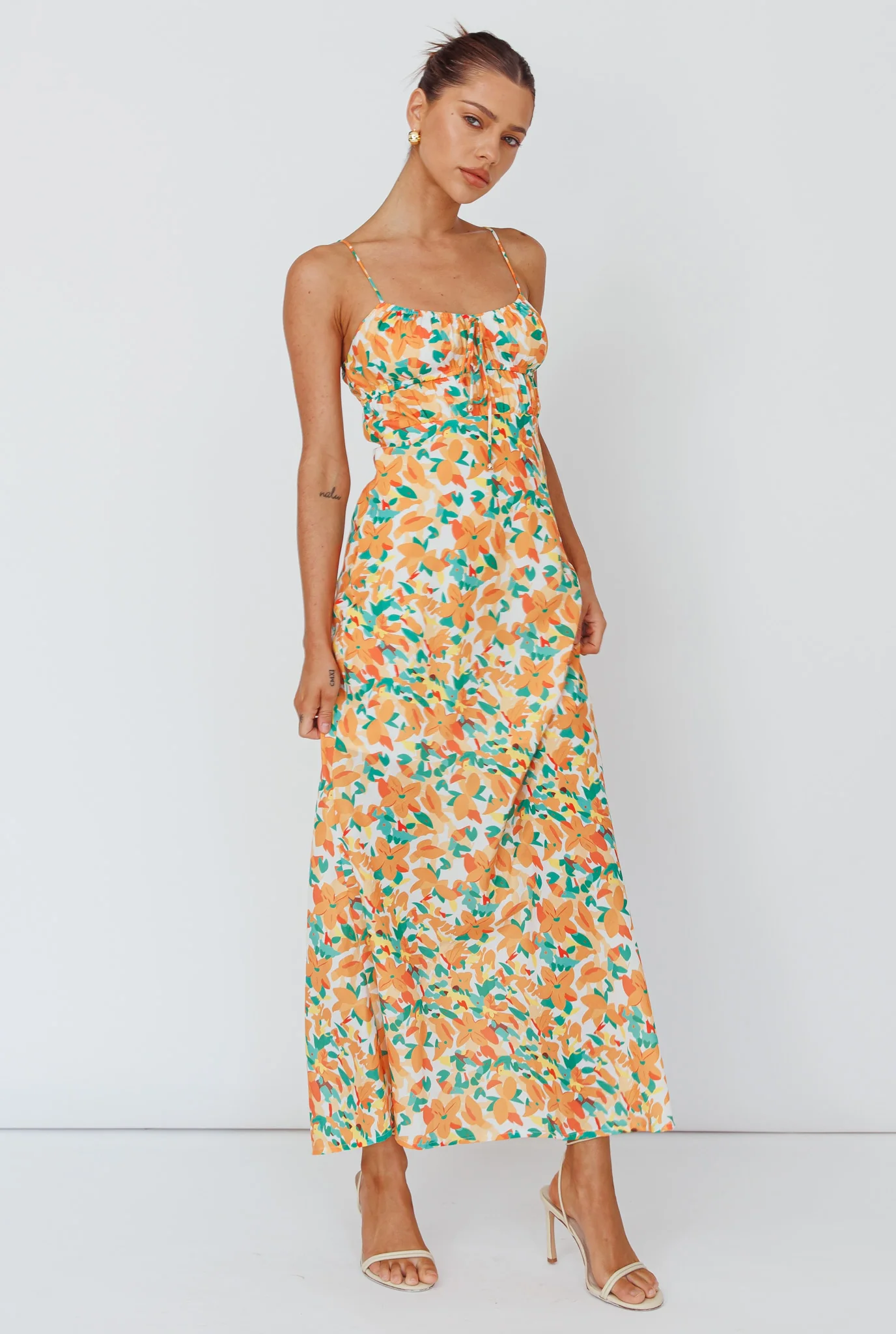 Solstice Noon Tied Bust Midi Dress Print Orange - Image 3