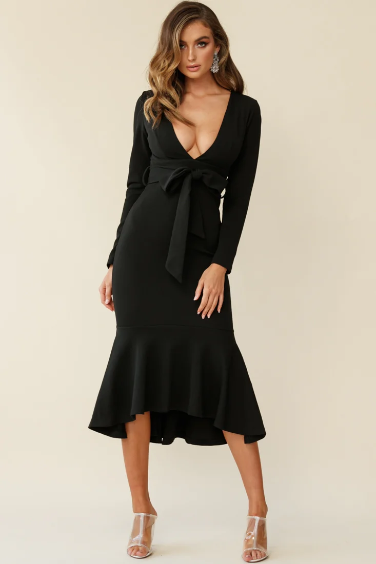 Sorry Not Sorry Long Sleeve Flounce Midi Dress Black - Image 3