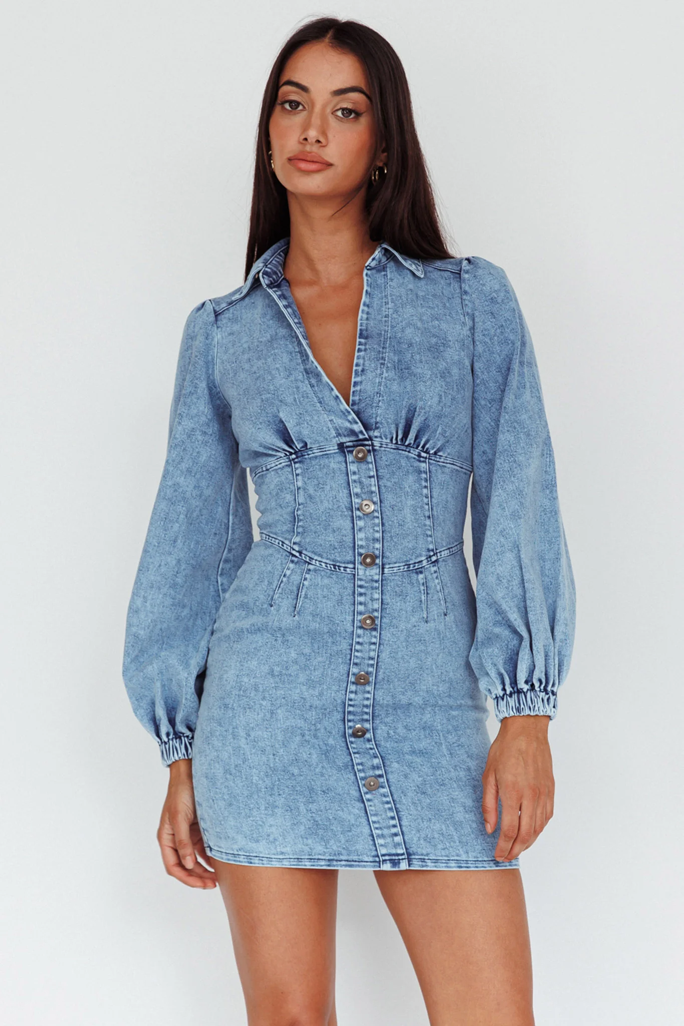 South Beach Long Sleeve Collared Mini Dress Denim - Image 5