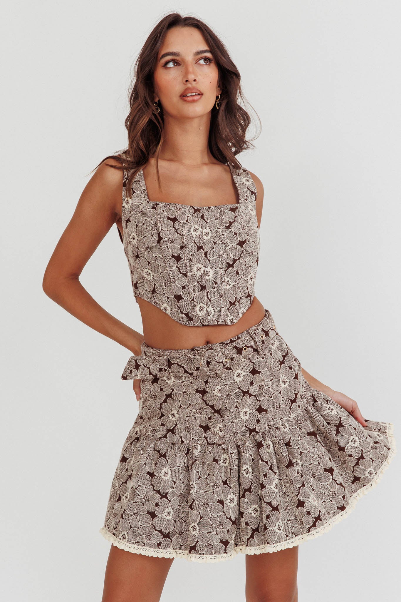 Southern Belles Belted Waist Mini Skirt Floral Brown - Image 6