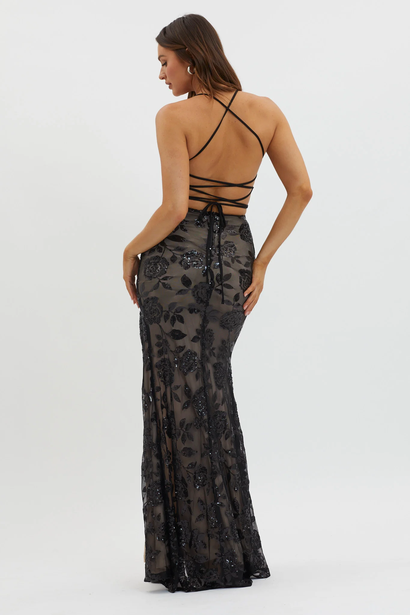 Sparks Fly Sequin Embellished Maxi Dress Black/Nude - Image 2