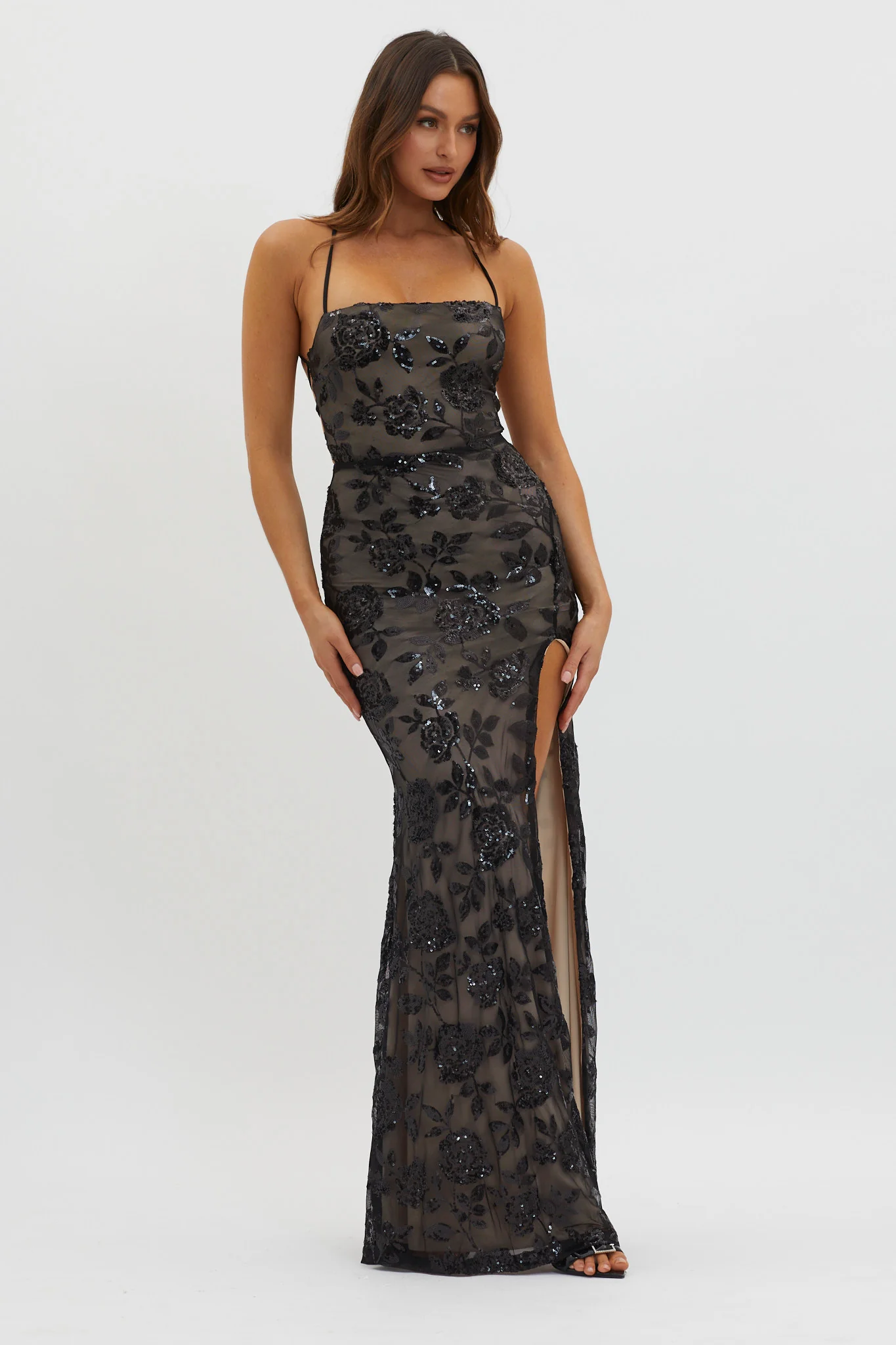 Sparks Fly Sequin Embellished Maxi Dress Black/Nude - Image 4