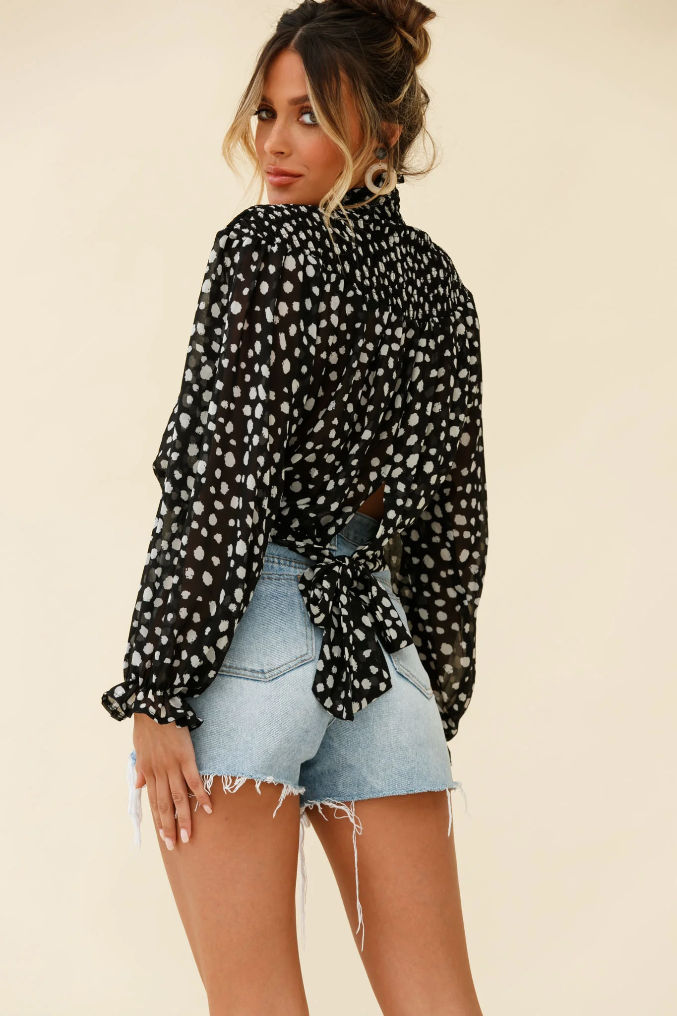 Sparrow High Neck Shirred Blouse Spot Print Black - Image 7