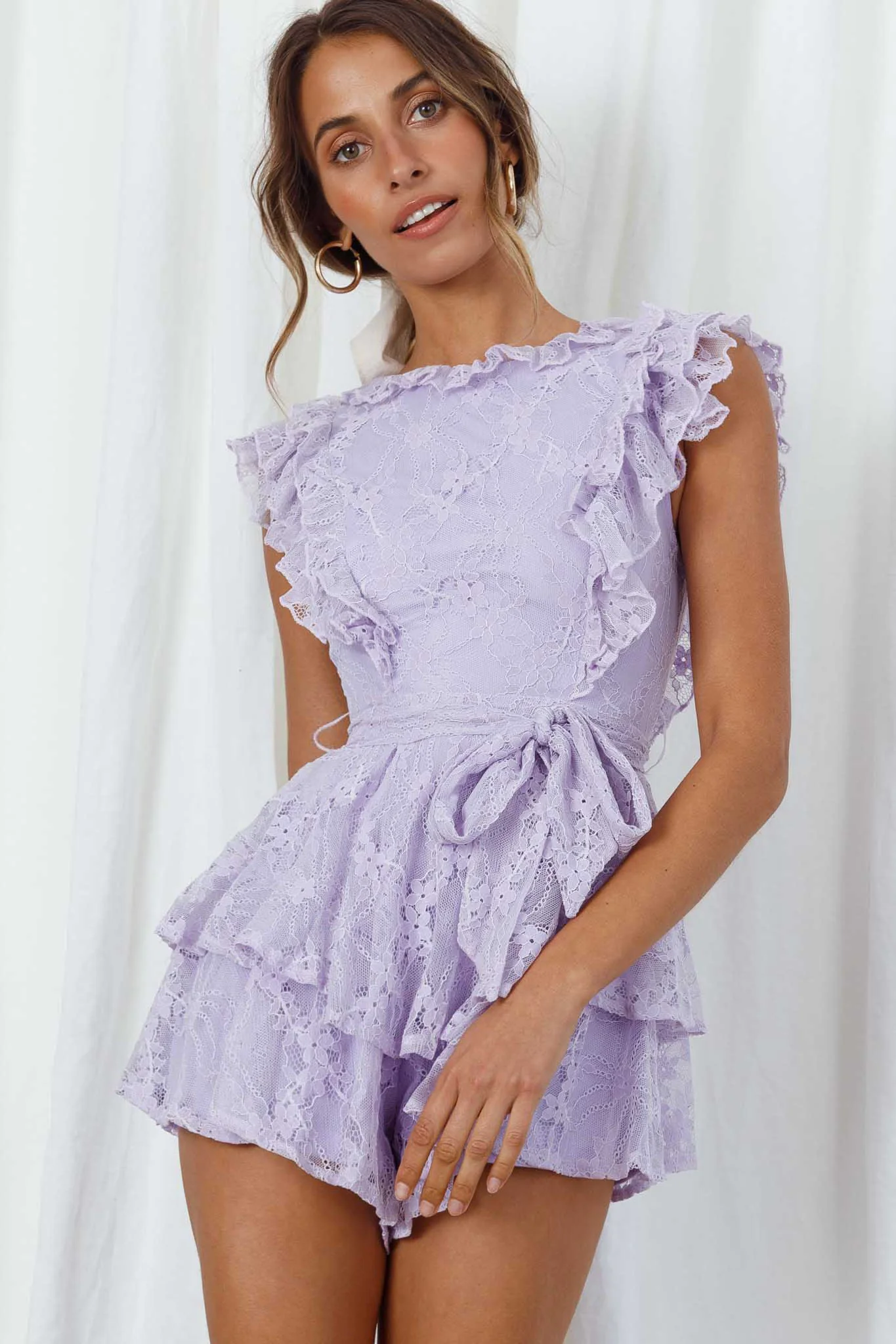 Spring Fling Frill Trim Waist Tie Lace Romper Lilac - Image 6