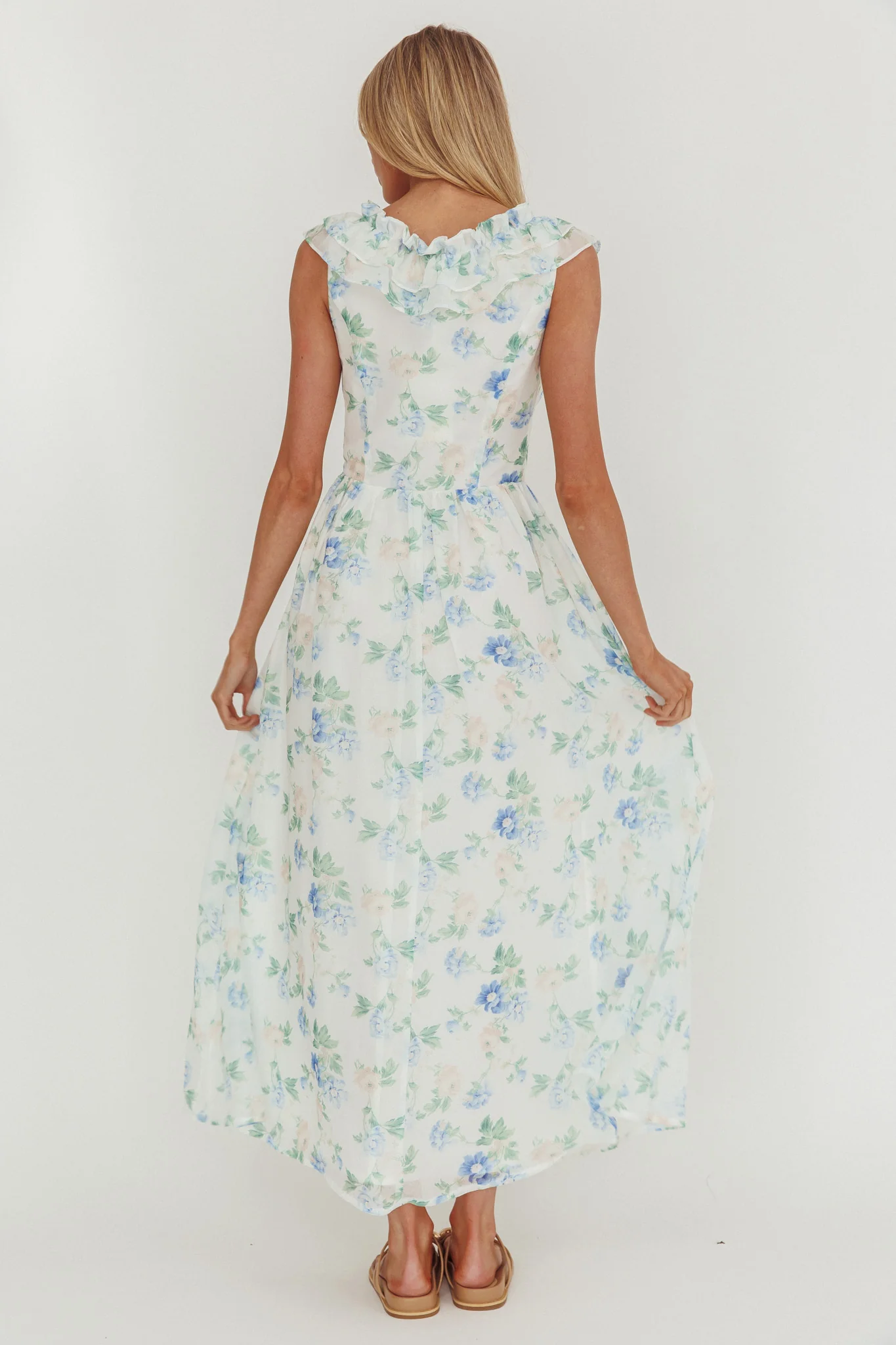 Spring Harvest Frill Neckline Maxi Dress Floral Blue - Image 2