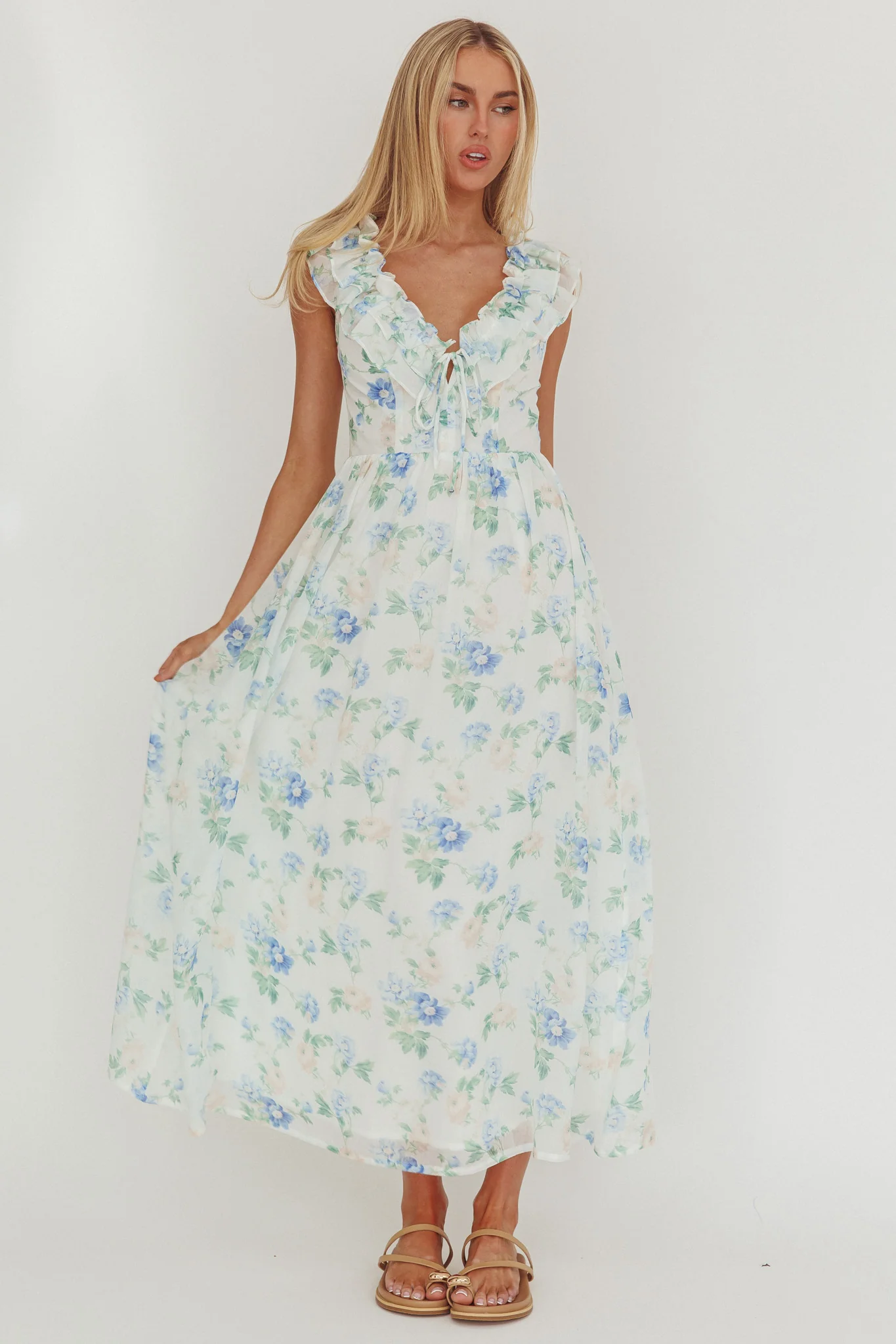 Spring Harvest Frill Neckline Maxi Dress Floral Blue - Image 4