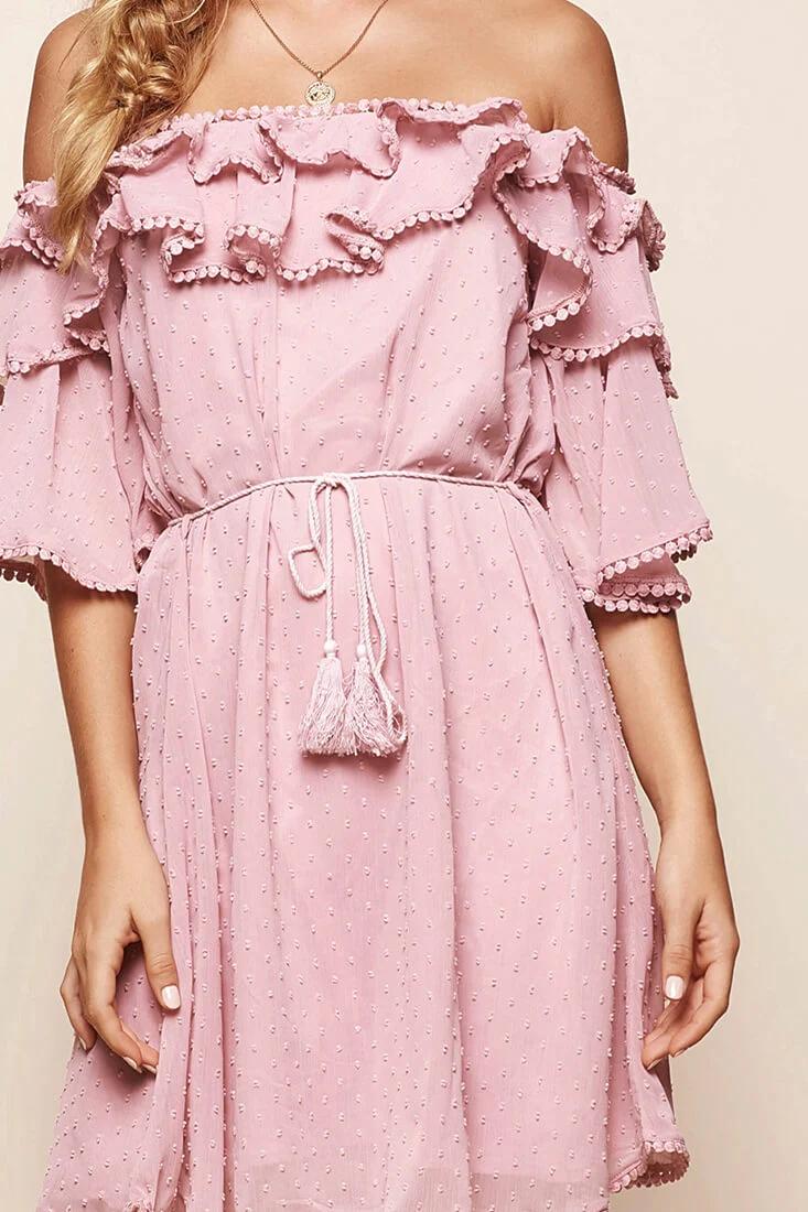 Springtime Hail Spot Chiffon Off Shoulder Dress Blush - Image 6