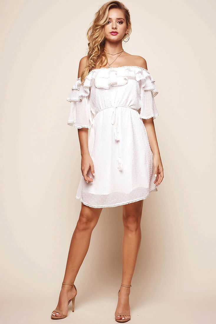 Springtime Hail Spot Chiffon Off Shoulder Dress White - Image 2